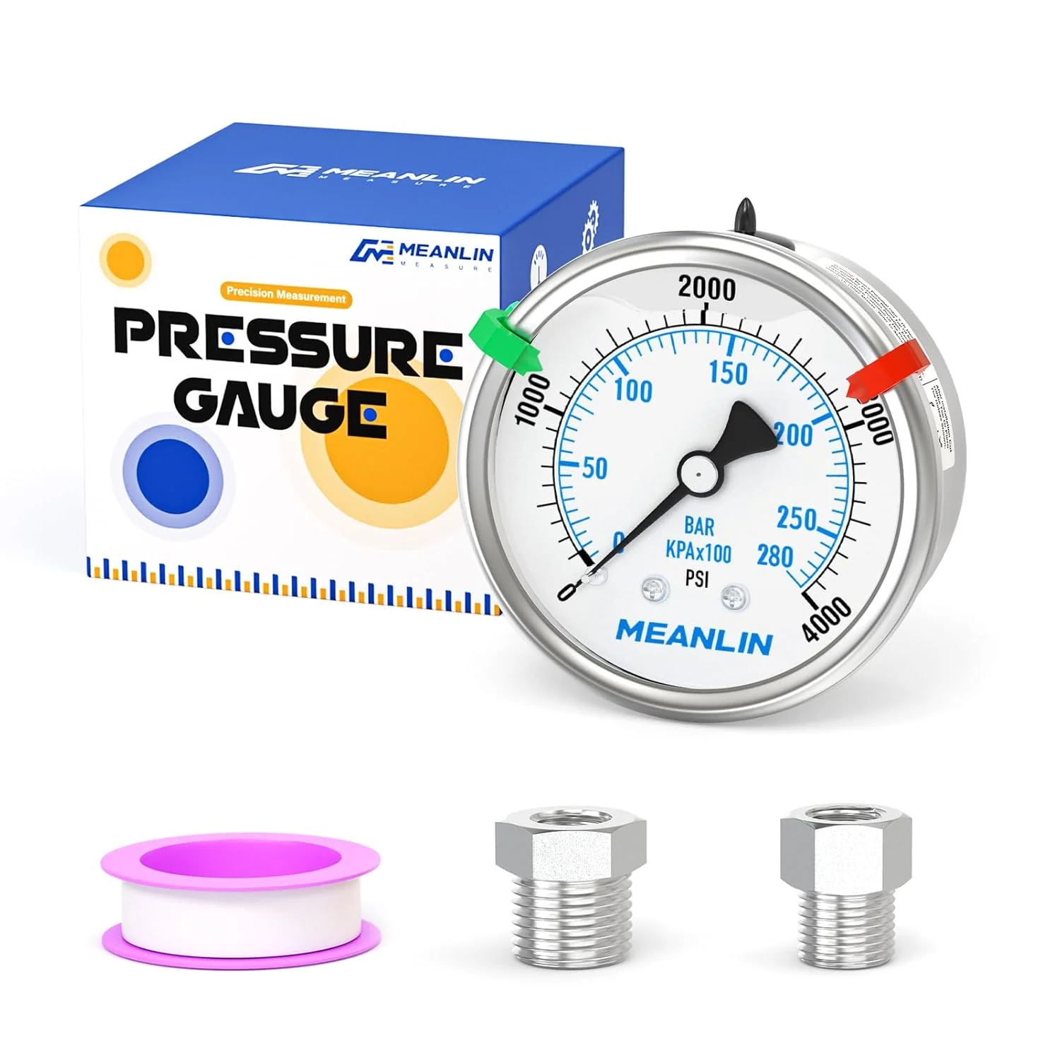 Long-Lasting Meanlin Measure 0 4000Psi Stainless Steel Liquid Filled Pressure Gauge 2.5 Face Dial 1 4 NPT for WOG Water Oil Air Back Mount with Stainless Steel Luxury