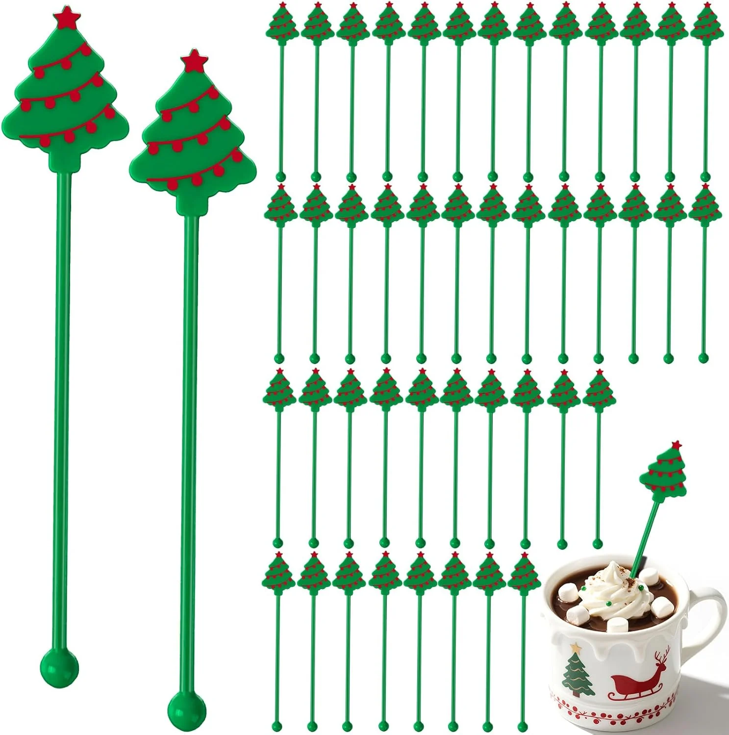 Selected 36 Pcs Christmas Drink Stirrers Christmas Tree Cocktail Stirrers Plastic Swizzle Sticks Reusable Coffee Stirrer Stir Sticks for Xmas Holiday Party Premium