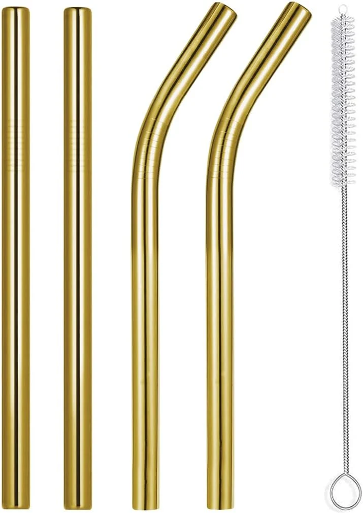 Specialty Vinaco 6 Pack Gold 0.4 Wide Bore Reusable Stainless Steel Smoothie Straws