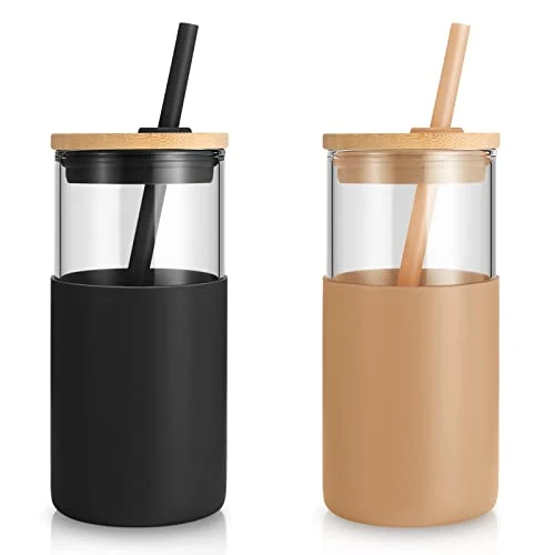 Smooth 16 oz Glass Tumbler with Lids and Straws High-End