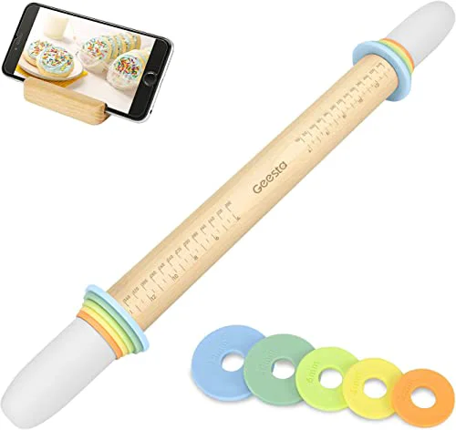 Minimalist Adjustable Wood Rolling Pin with 5 Thickness Rings Breathable