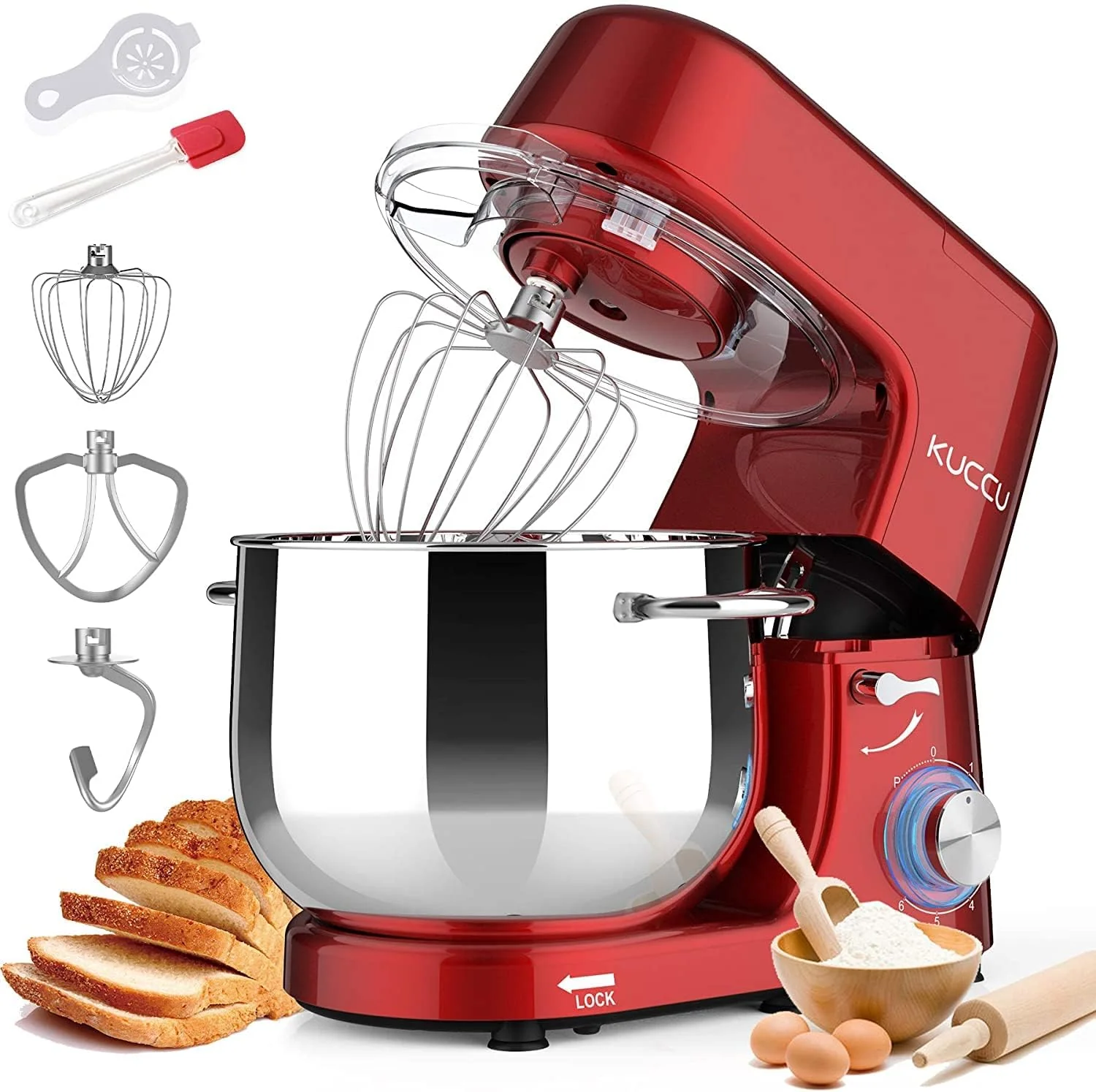 Minimalist 9.5 QT Double Handle KUCCU Stand Mixer 6 Speed with Pulse Electric Kitchen Mixer 660W Tilt-Head Food Mixer with Dishwasher-Safe Dough Hook Flat Beater Whisk Splash Guard for home baking Red High-End