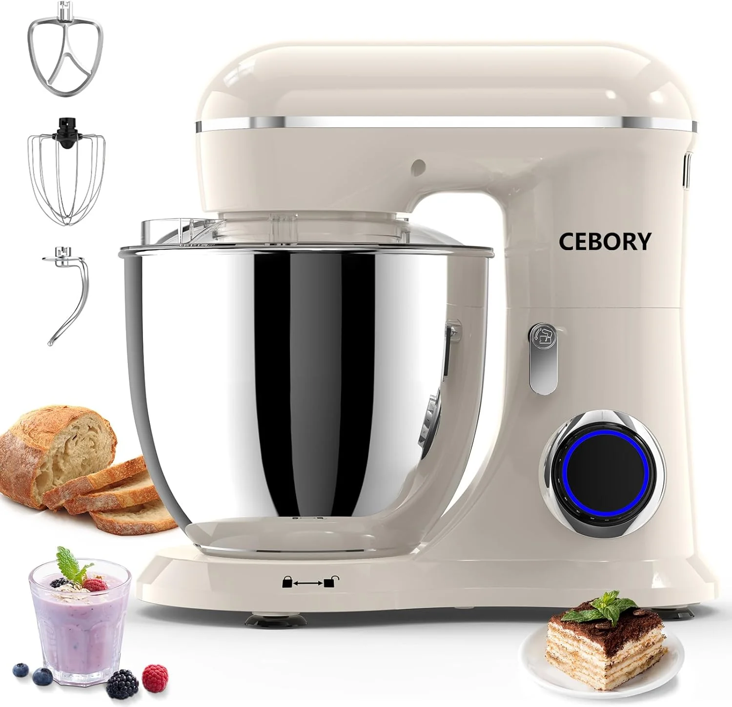Natural 3-IN-1 Electric Stand Mixer 6.5QT Bowl 660W 10-Speed Kitchen Mixer Household Food Mixers include Dough Hook Beater and Whisk Bread Cake Mixer for Baking and Most Home Cooks Almond Cream Fine Crafted