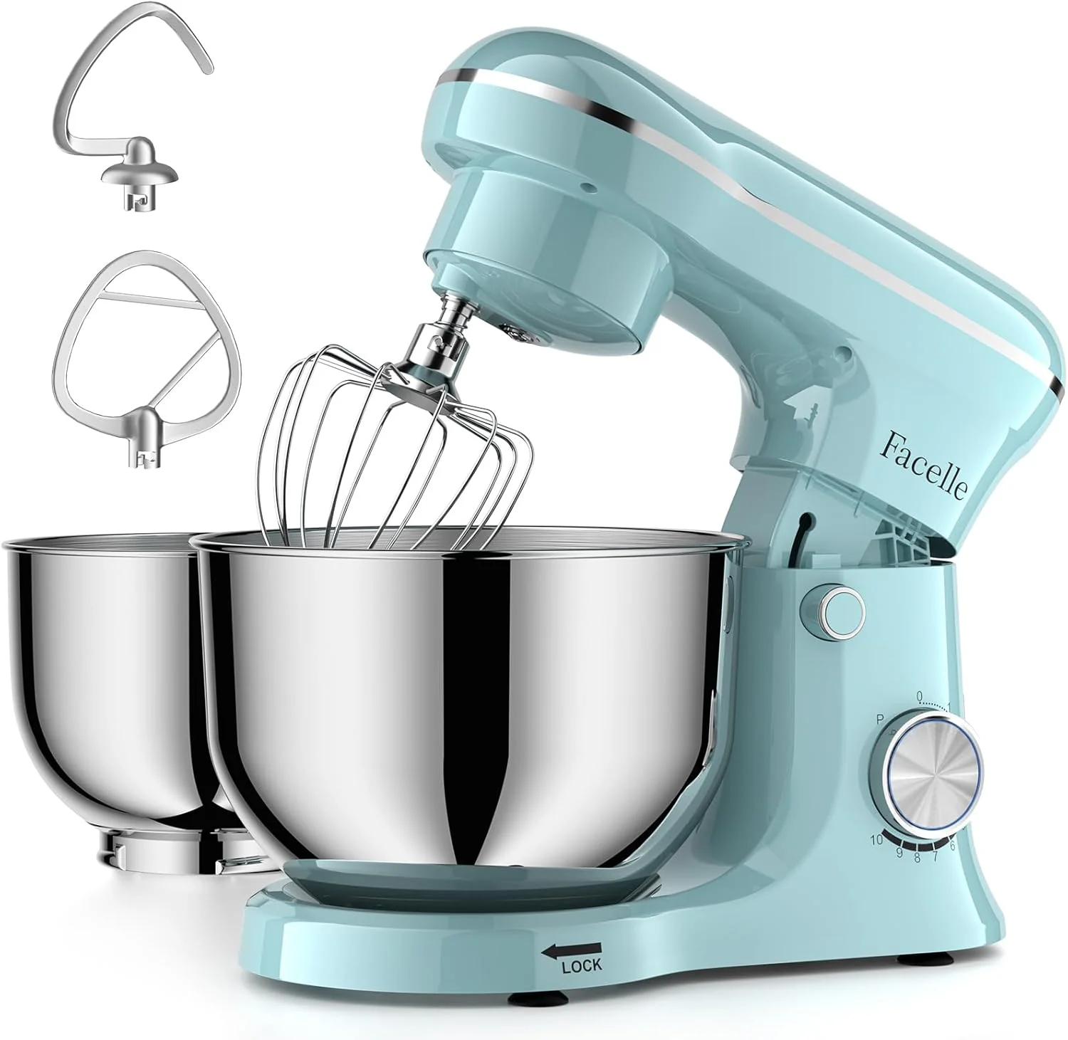 High-Grade Facelle Tilt-Head Stand Mixer 5QT 6QT Stainless Steel Two Bowls 10 Speeds Kitchen Electric Food Mixer with Egg Whisk Dough Hook Beater Dishwasher-Safe Attachment I Gift for Mom Functional