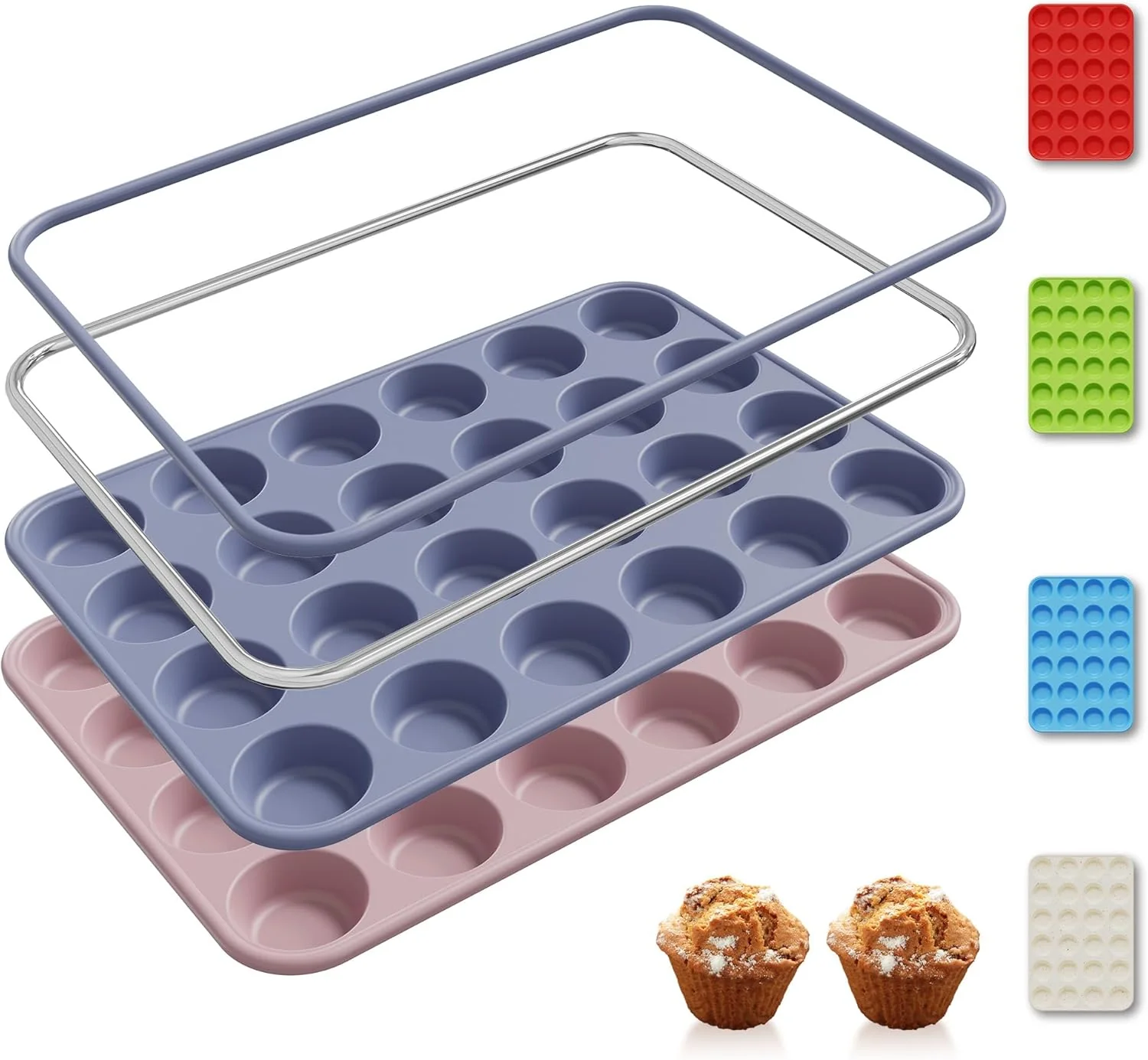 Powerful 2 Pack 24 Cups Silicone Mini Muffin Pan with Metal Reinforced Frame Silicone Molds Cupcake Pans Tray Egg Bites Circle Cookie Molds Muffin Tin Tart Pans Baking Sheet Set for Breakfast Sandwiches Innovative
