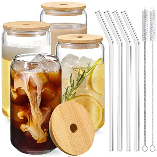 User-Friendly Drinking Glasses with Bamboo Lids and Glass Straw 4pcs Set 4 Count Luxury