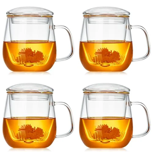 Professional Glass Teacups 4 Pack Glass Tea Cup with Infuser and Lid 4 Count Practical