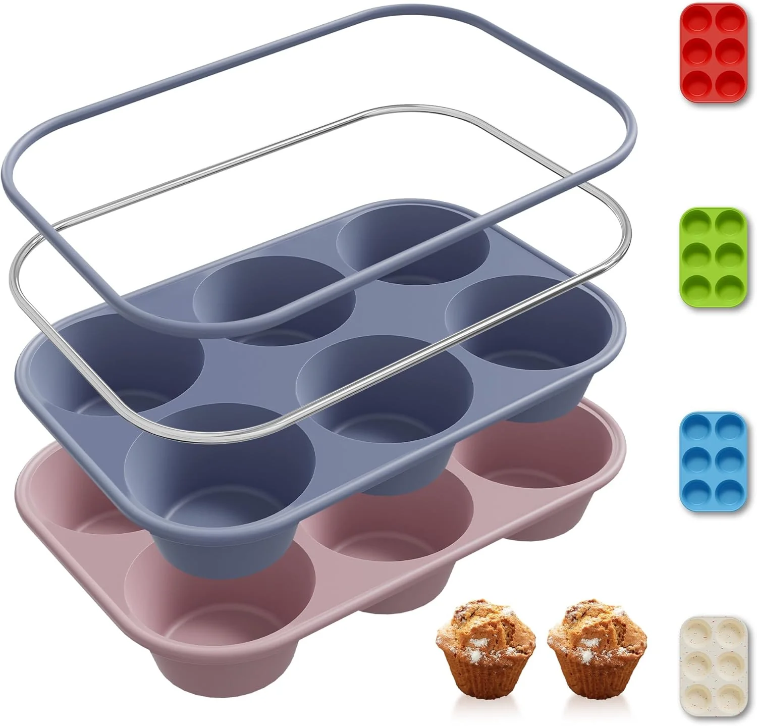 Elite 2 Pack 6 Cups Jumbo Muffin Pan with Metal Reinforced Frame Silicone Molds Egg Bites Silicone Circle Cookie Molds Extra Large Muffin Tin Jumbo Tart Pans Baking Sheet Set for Sandwiches Professional