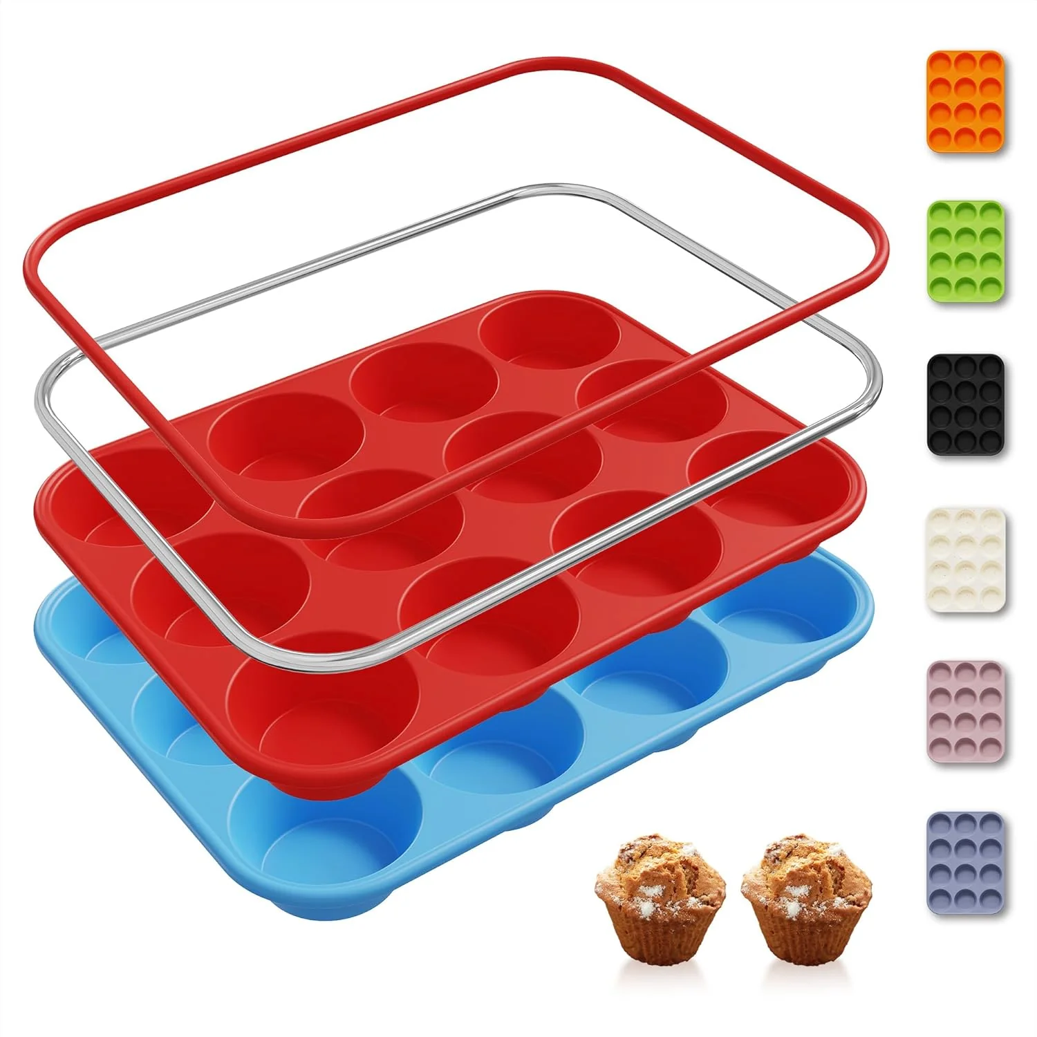 Professional 2 Pack 12 Cups Silicone Muffin Pan with Metal Reinforced Frame Regular Size Silicone Molds Cupcake Cake Baking Pans Cookie Baking Chocoflan Cupcake Mold Muffin Tray Dishwasher Safe BPA Solid