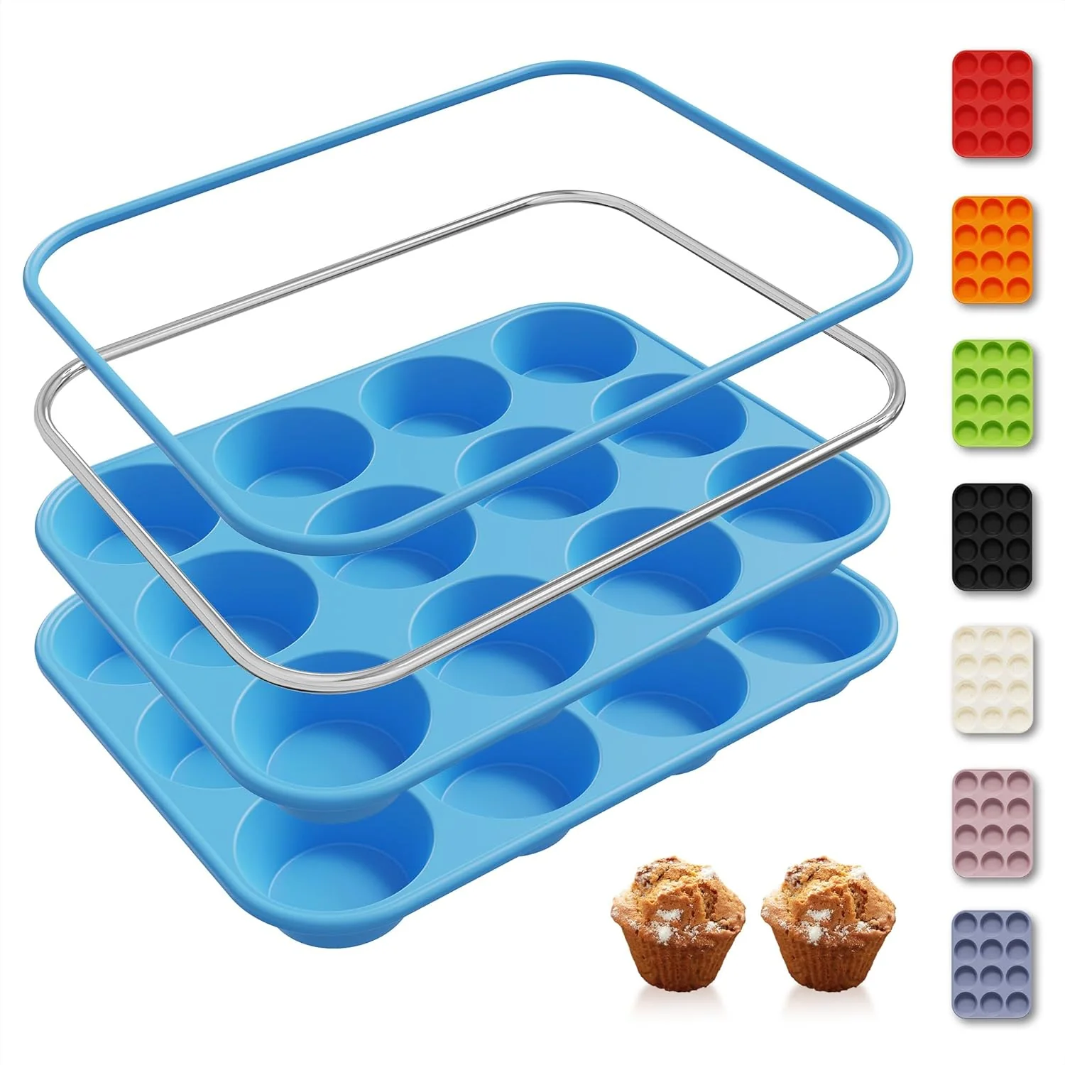 High-Quality 2 Pack 12 Cups Silicone Muffin Pan with Metal Reinforced Frame Regular Size Silicone Molds Cupcake Cake Baking Pans Cookie Baking Chocoflan Cupcake Mold Muffin Tin Tart Pans Necessities Cookware Verified