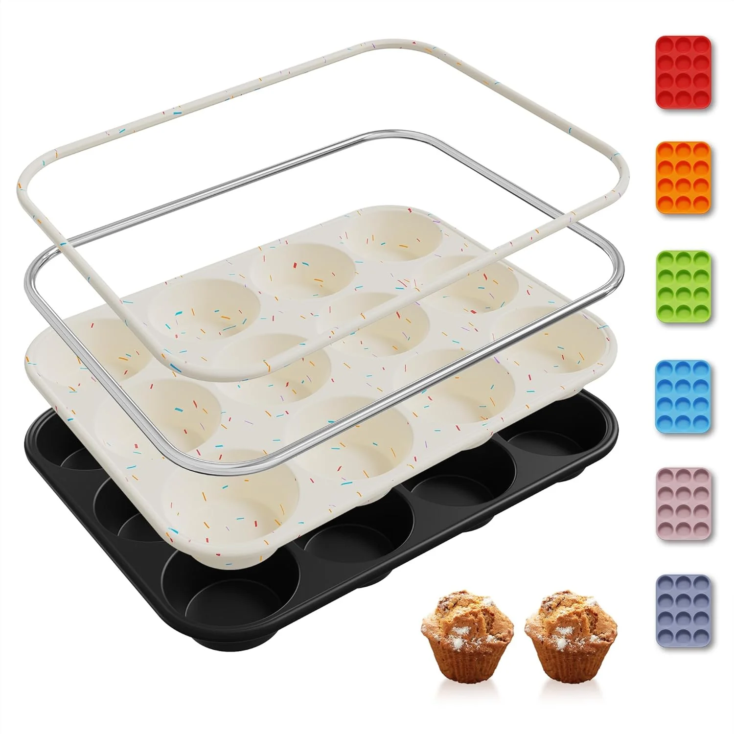 Convenient 2 Pack 12 Cups Silicone Muffin Pan with Metal Reinforced Frame Regular Size Silicone Molds Cupcake Cake Baking Pans Cookie Baking Chocoflan Cupcake Mold Not Stainless Steel Ceramic Aluminum Sophisticated