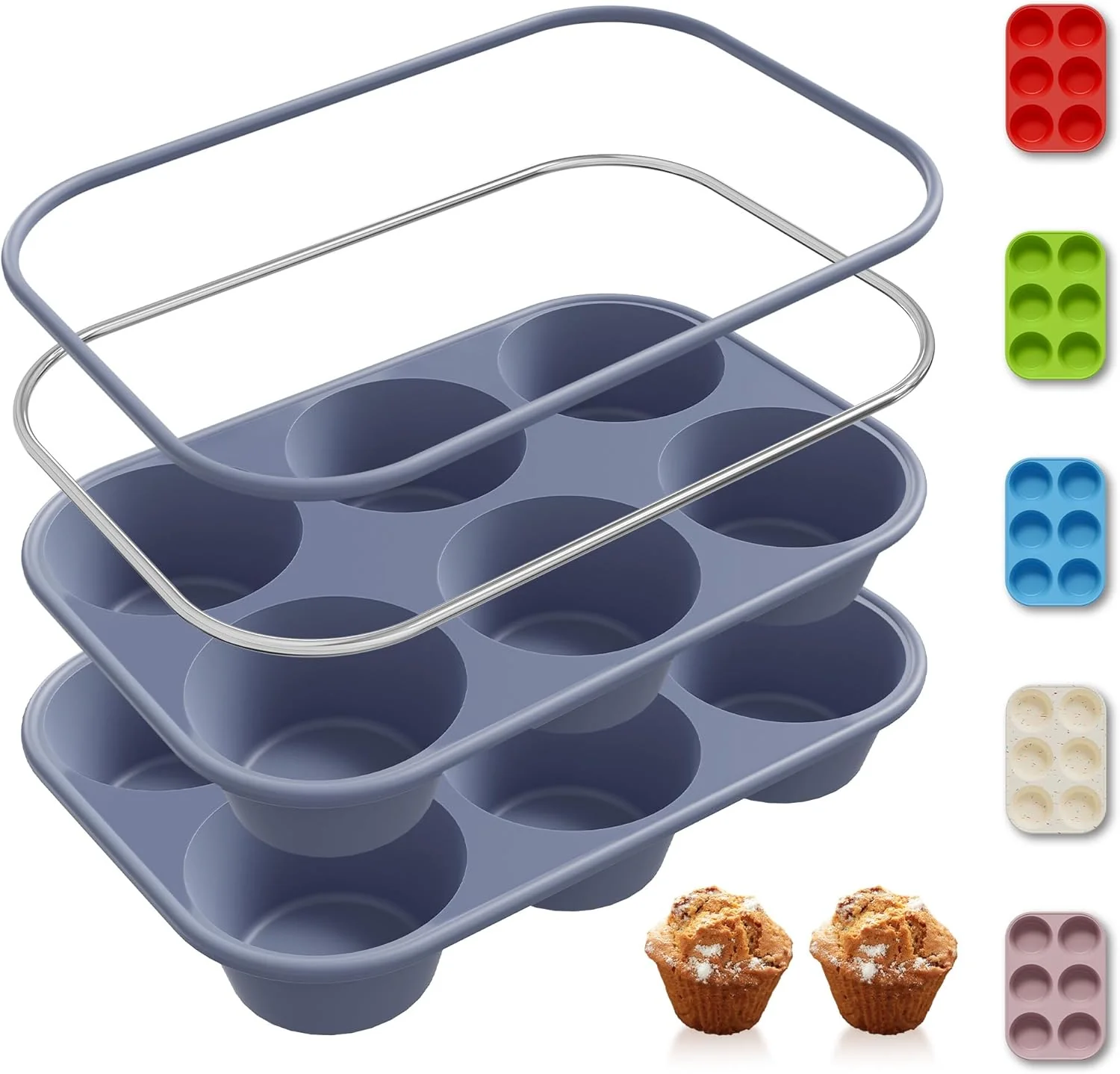 First-Class 2 Pack 6 Cups Silicone Jumbo Muffin Pan with Metal Reinforced Frame Silicone Molds for Baking Cupcake Cake Baking Pans Muffin Tin Tart Pans Baking Set for Easter Christmas holiday Cookie Tin Expertly Made