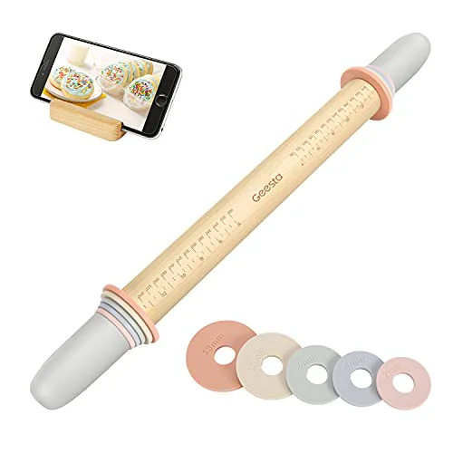 Green Adjustable Wood Rolling Pin with 5 Thickness Rings Exclusive