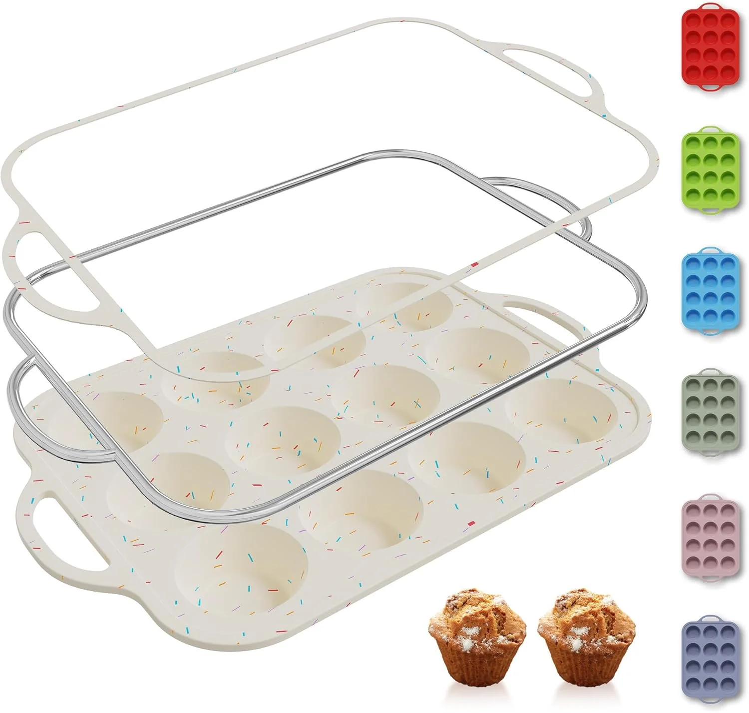 Flexible 12 Cups Silicone Muffin Pan with Metal Reinforced Frame Regular Size Cupcake Pan Tray Egg Bites Silicone Circle Cookie Molds Muffin Tin Tart Pans Home Baking Supplies Stuff Necessities Cookware Solid