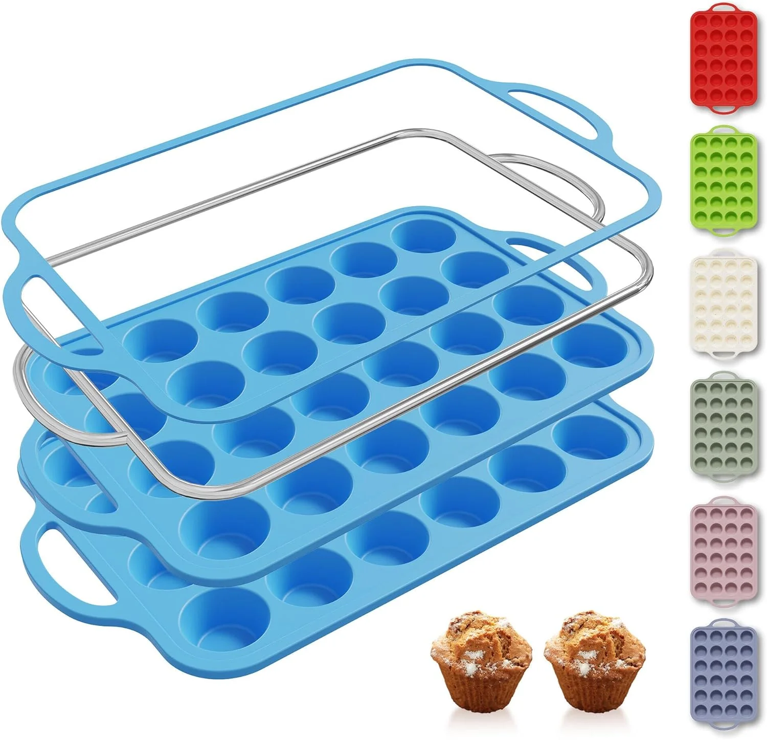 Professional 2 Packs 24 Cups Silicone Muffin Pan with Metal Reinforced Frame Mini Size Cupcake Pan Tray Egg Bites Cookie Molds Muffin Tin Tart Pans chocoflan mold Baking Sheet Set Breakfast Sandwiches Detailed