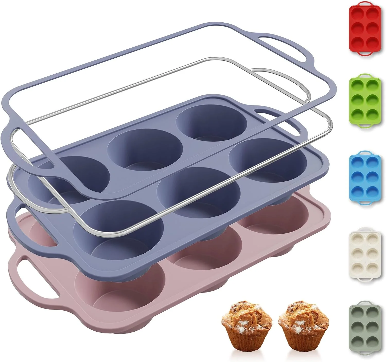 Flexible 2 Packs 6 Cups Silicone Muffin Pan with Metal Reinforced Frame Jumbo Size Cupcake Pan Tray Egg Bites Silicone Circle Cookie Molds Extra Large Muffin Tin Tart Pans for Breakfast Sandwiches Professional