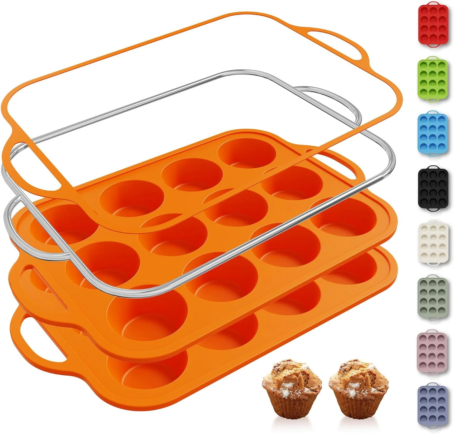 Versatile 2 Packs 12 Cups Silicone Muffin Pan with Metal Reinforced Frame Regular Size Cupcake Pan Tray Egg Bites Silicone Cookie Molds Muffin Tin Tart Pans Baking Set for Easter Christmas holiday Cookie First-Class