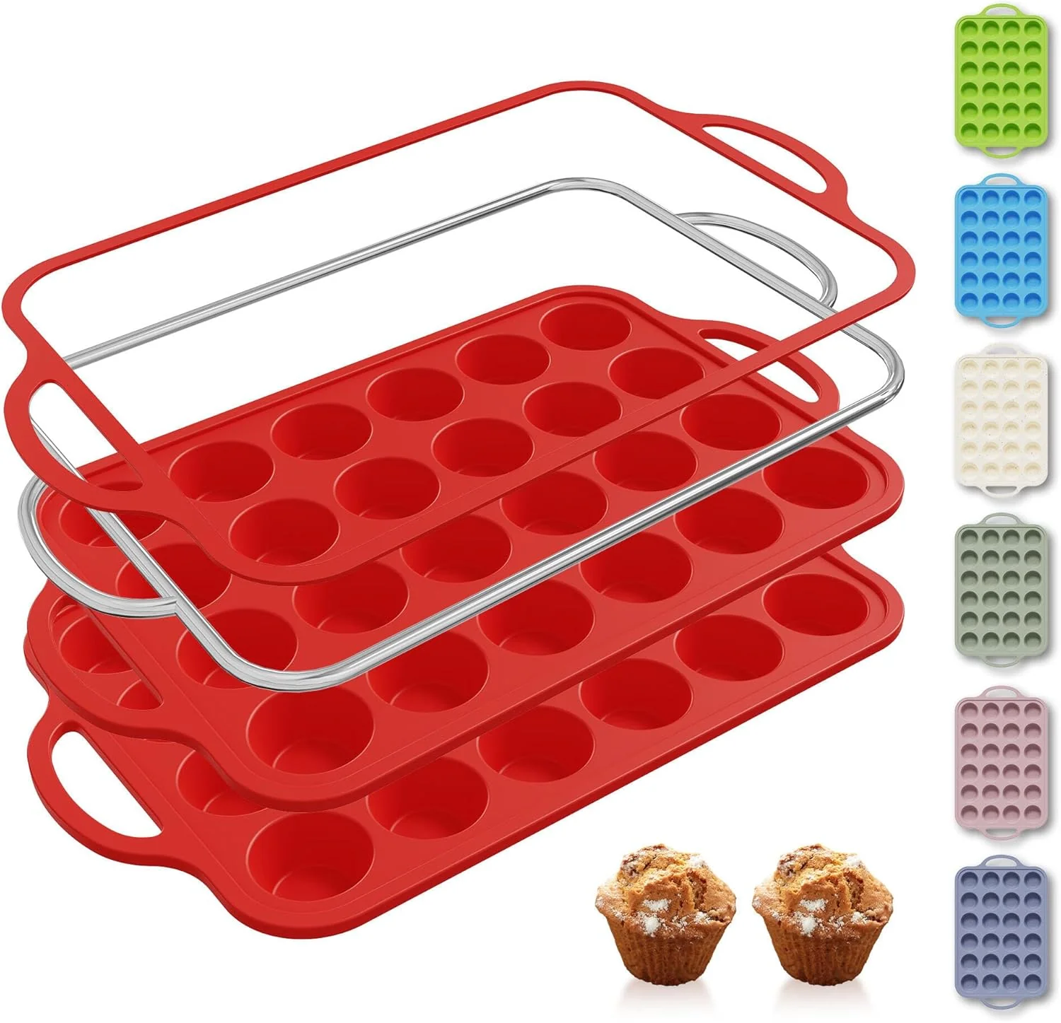 Healthy 2 Packs 24 Cups Silicone Muffin Pan for Baking with Metal Reinforced Frame Mini Size Cupcake Pan Tray Chocolate Egg Pizza Bites Oven Cookie Mold Muffin Tin Tart Pans Sheet Set Small Expertly Made