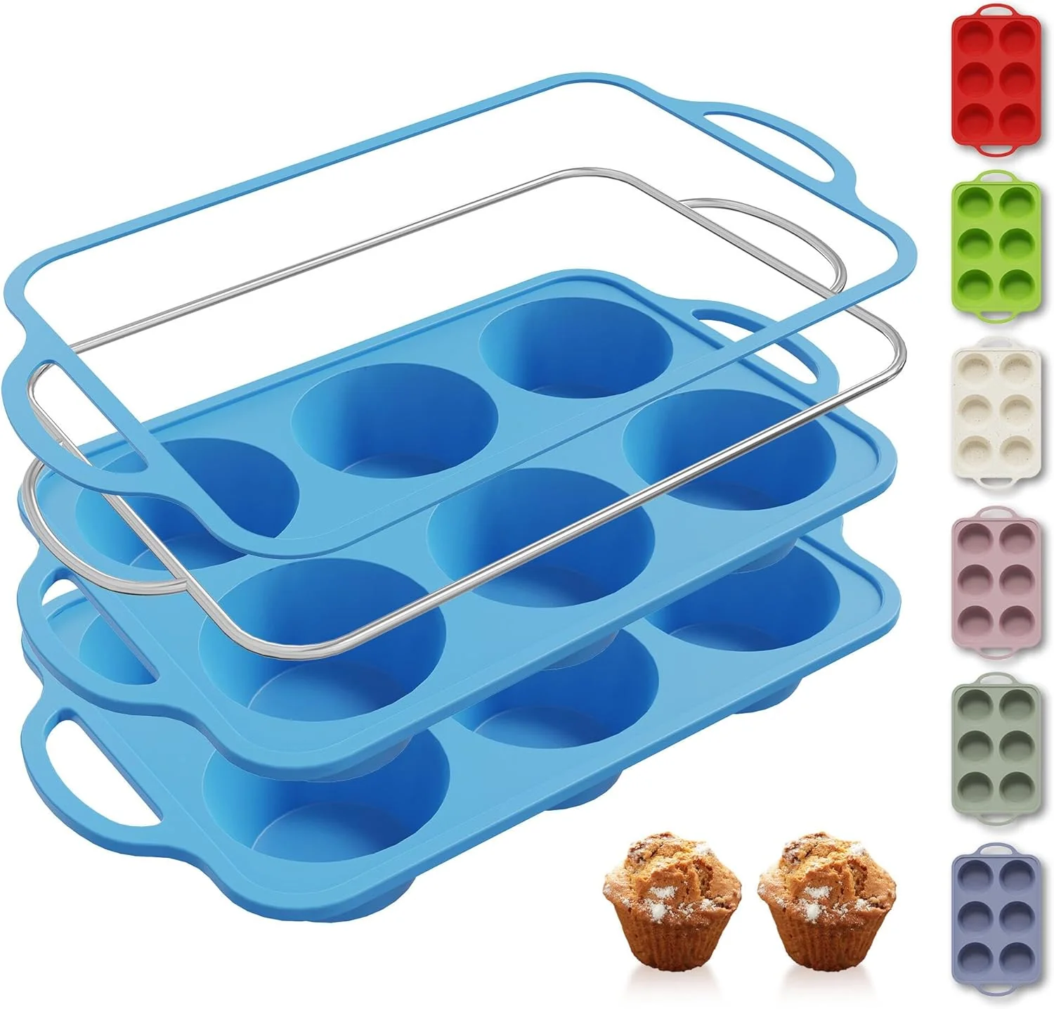 Outstanding 2 Packs 6 Cups Silicone Muffin Pan with Metal Reinforced Frame Jumbo Size Cupcake Pan Tray Egg Bites Silicone Molds Muffin Tin Tart Pans Bundt Pan Reposteria Accesorios Moldes Para Pasteles Safe