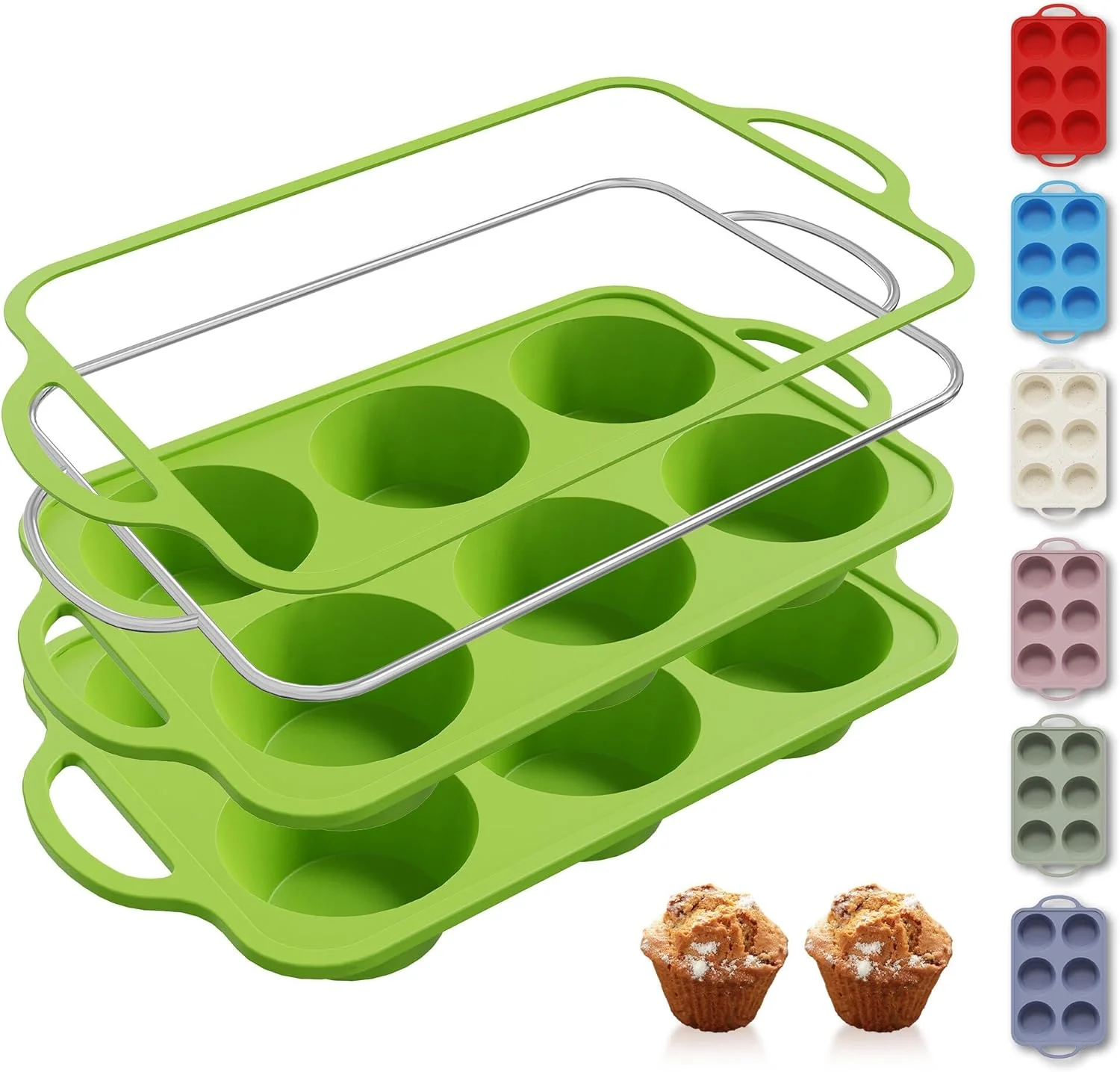 World-Class 2 Packs 6 Cups Silicone Muffin Pan with Metal Reinforced Frame Jumbo Size Cupcake Pan Tray Egg Bites Silicone Circle Cookie Molds Muffin Tin Tart Pans Baking Sheet Set for Breakfast Sandwiches Optimized
