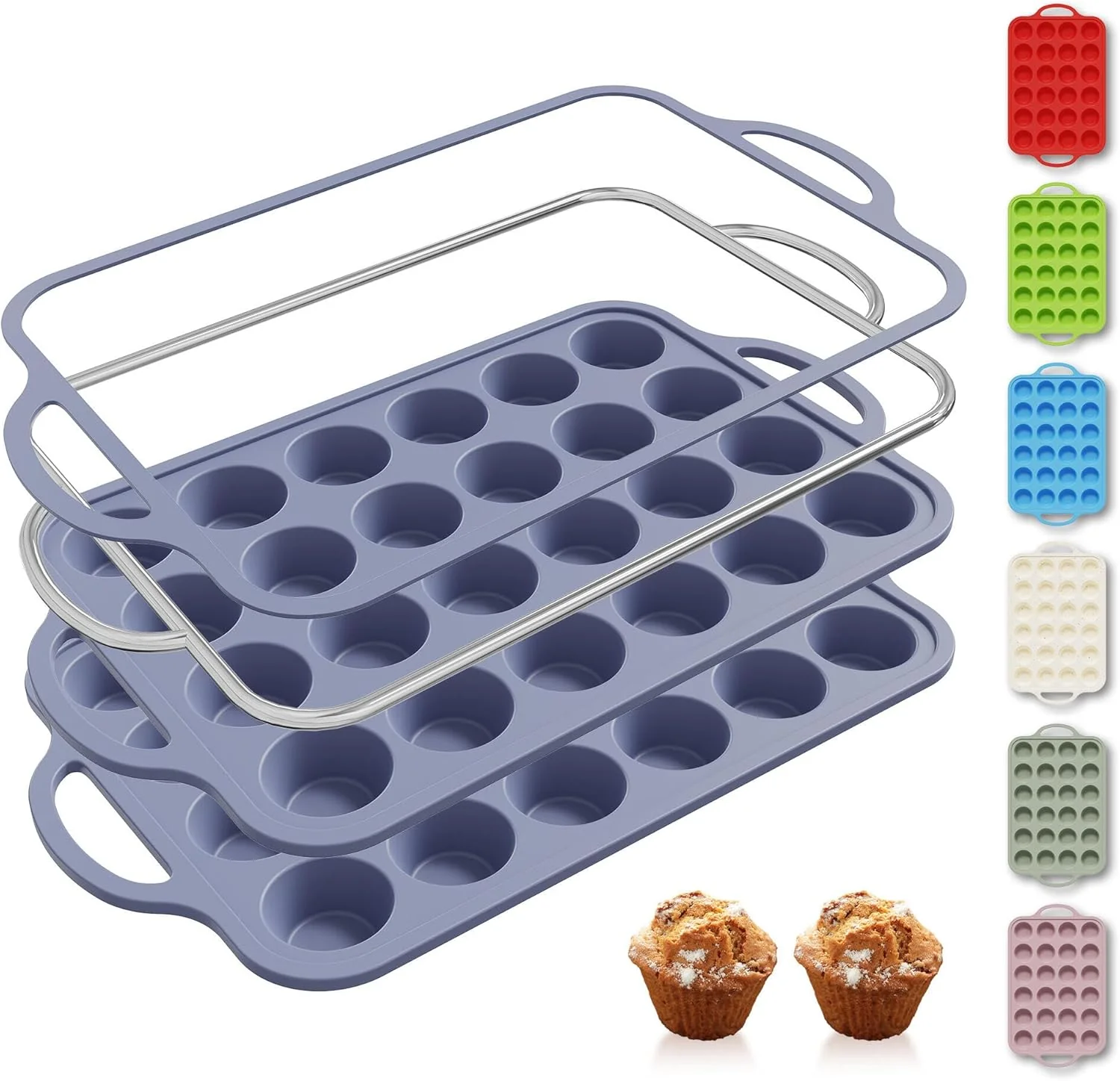 Verified 2 Packs 24 Cups Silicone Muffin Pan with Metal Reinforced Frame Mini Size Cupcake Pan Tray Egg Bites Silicone Circle Cookie Molds Muffin Tin Tart Pans Baking Sheet Set for Breakfast Sandwiches Detailed