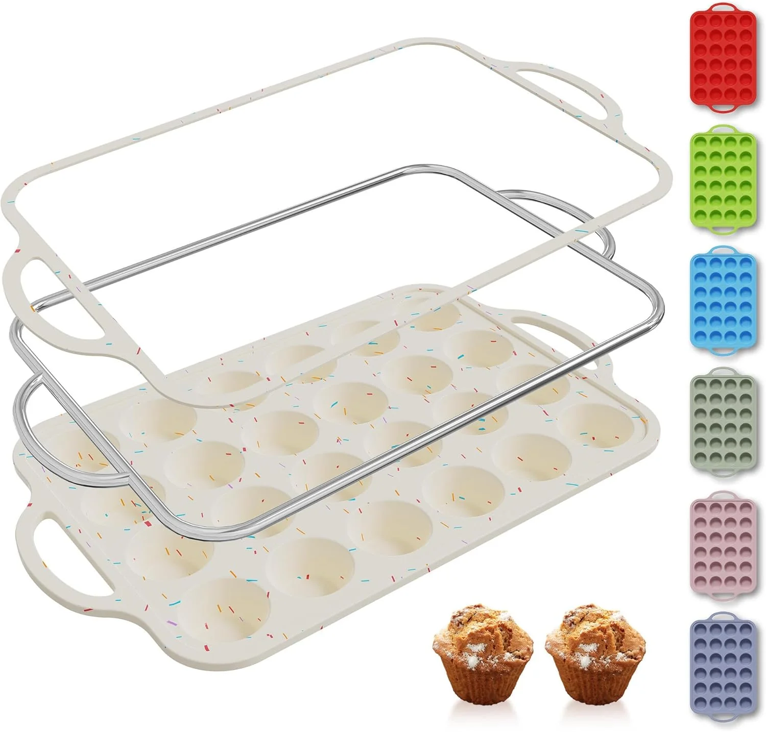 Original Design 24 Cups Silicone Muffin Pan with Metal Reinforced Frame Mini Size Cupcake Pan Tray Egg Bites Silicone Circle Cookie Molds Muffin Tin Tart Pans Non Stick Toxic Oven Safe Baking Sheet Set Unique