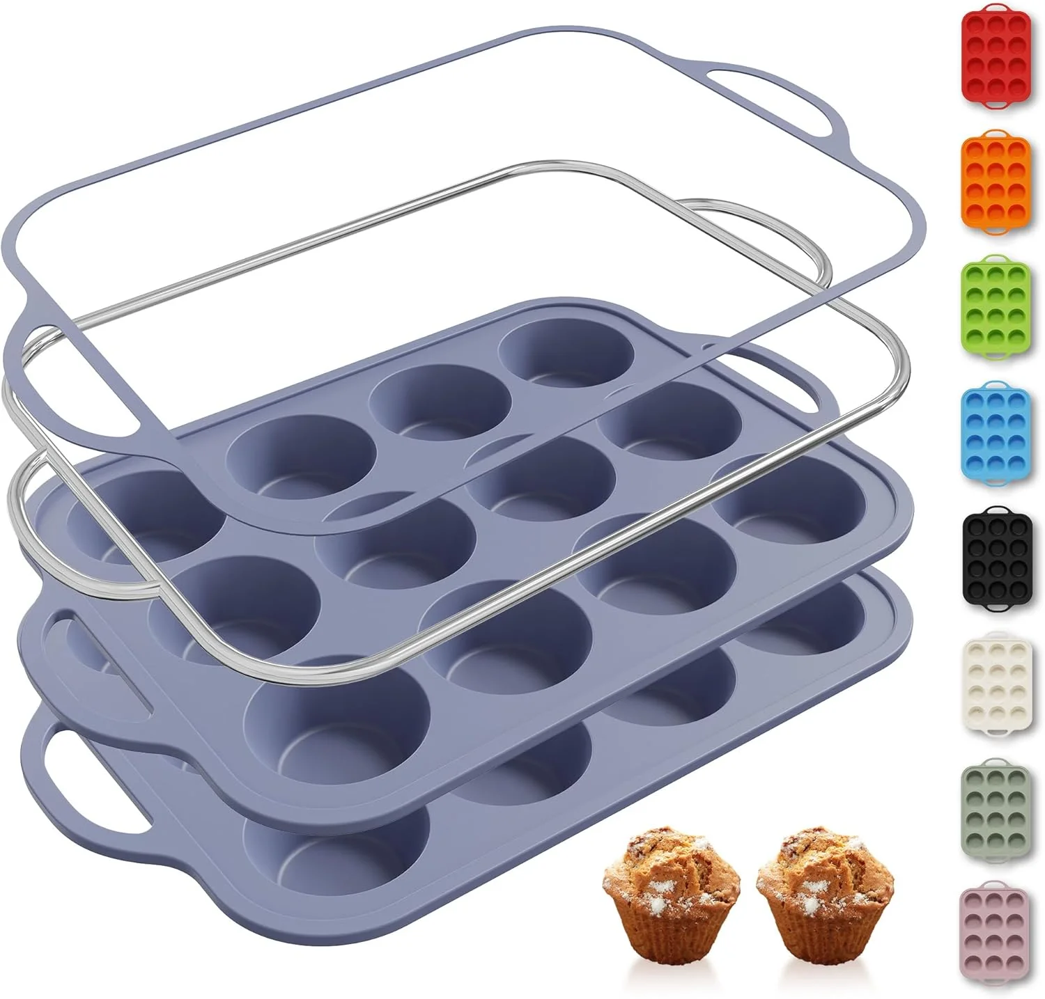 Official 2 Packs 12 Cups Silicone Muffin Pan with Metal Reinforced Frame Regular Size Cupcake Pan Tray Egg Bites Silicone Circle Cookie Molds Muffin Tin Tart Pans Baking Sheet Set for Breakfast Sandwiches Convenient