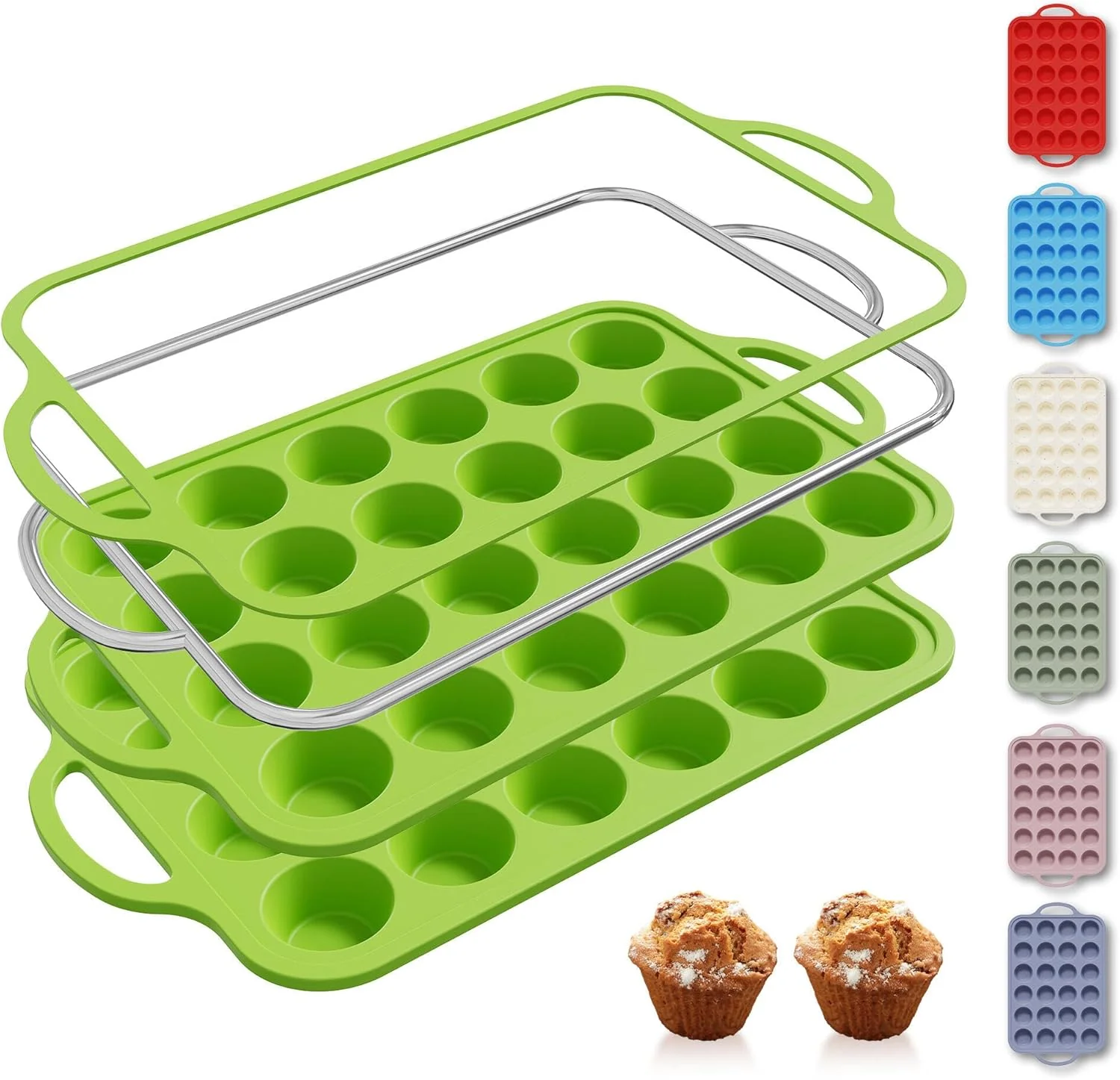 Natural 2 Packs 24 Cups Silicone Muffin Pan with Metal Reinforced Frame Mini Size Cupcake Pan Tray Egg Bites Silicone Circle Cookie Molds Muffin Tin Tart Pans Baking Sheet Set for Breakfast Sandwiches Superior