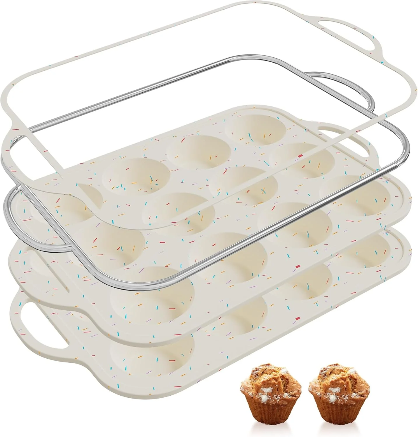 Artisan 2 Packs 12 Cups Silicone Muffin Pan for Baking with Metal Reinforced Frame Regular Size Cupcake Pan Tray Chocolate Egg Pizza Bites Oven Top Cookie Molds Muffin Tin Tart Pans Sheet Set Bakeware Liner Classic