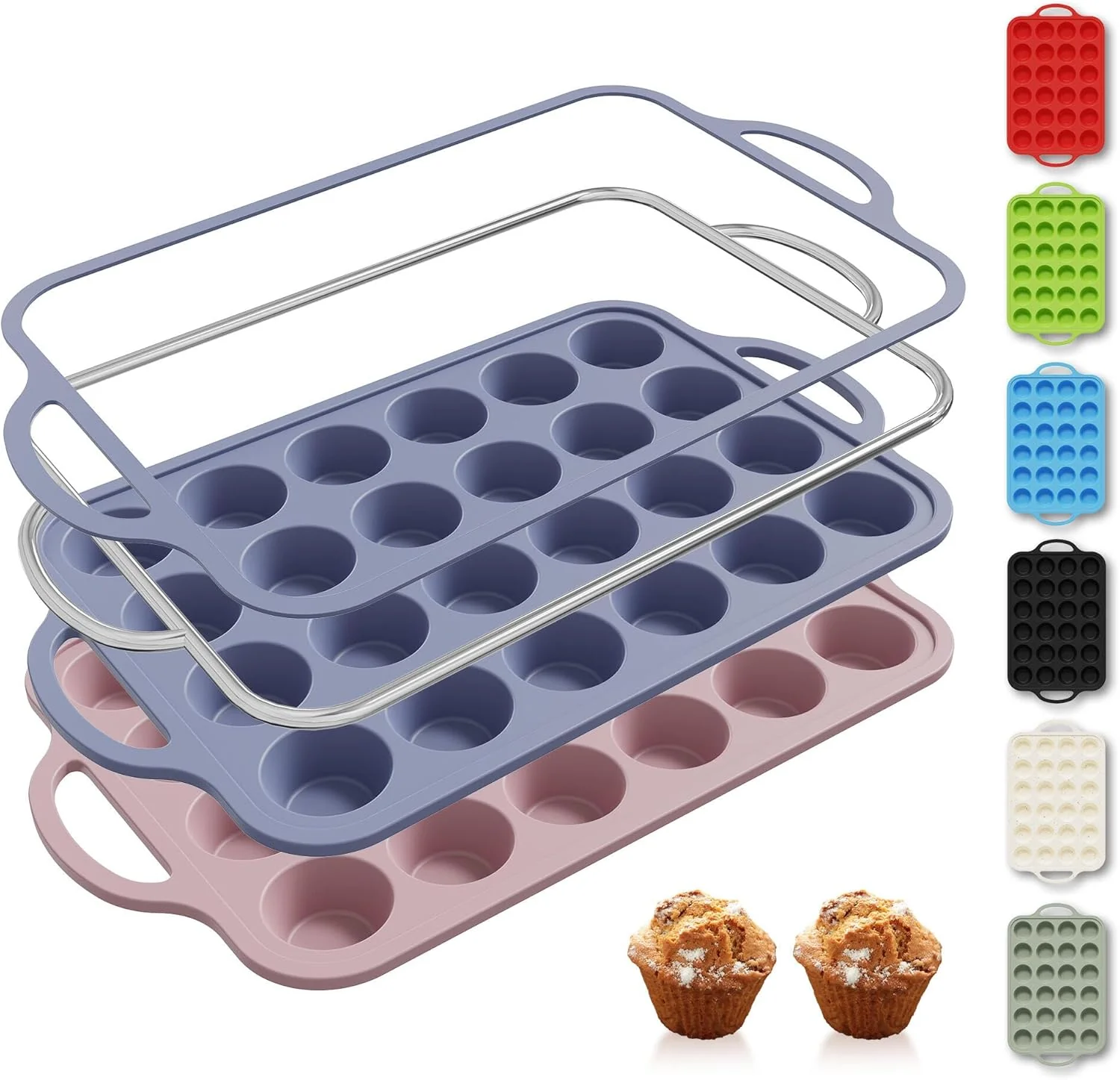 Quality 2 Packs 24 Cups Silicone Muffin Pan with Metal Reinforced Frame Mini Size Cupcake Pan Tray Egg Bites Silicone Circle Cookie Molds Muffin Tin Tart Pans Baking Sheet Set for Breakfast Sandwiches Authentic