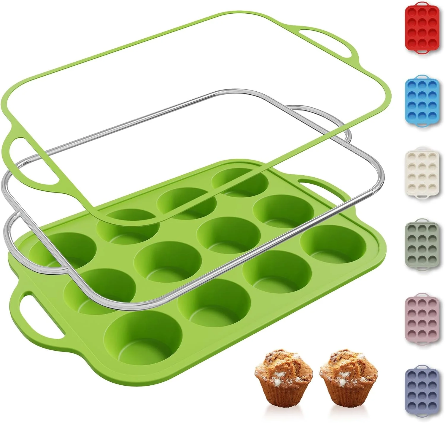 Reliable 12 Cups Silicone Muffin Pan with Metal Reinforced Frame Regular Size Cupcake Pan Tray Egg Bites Silicone Circle Cookie Molds Muffin Tin Tart Pans Baking Sheet Set for Oven Dishwasher Safe Environmentally Friendly