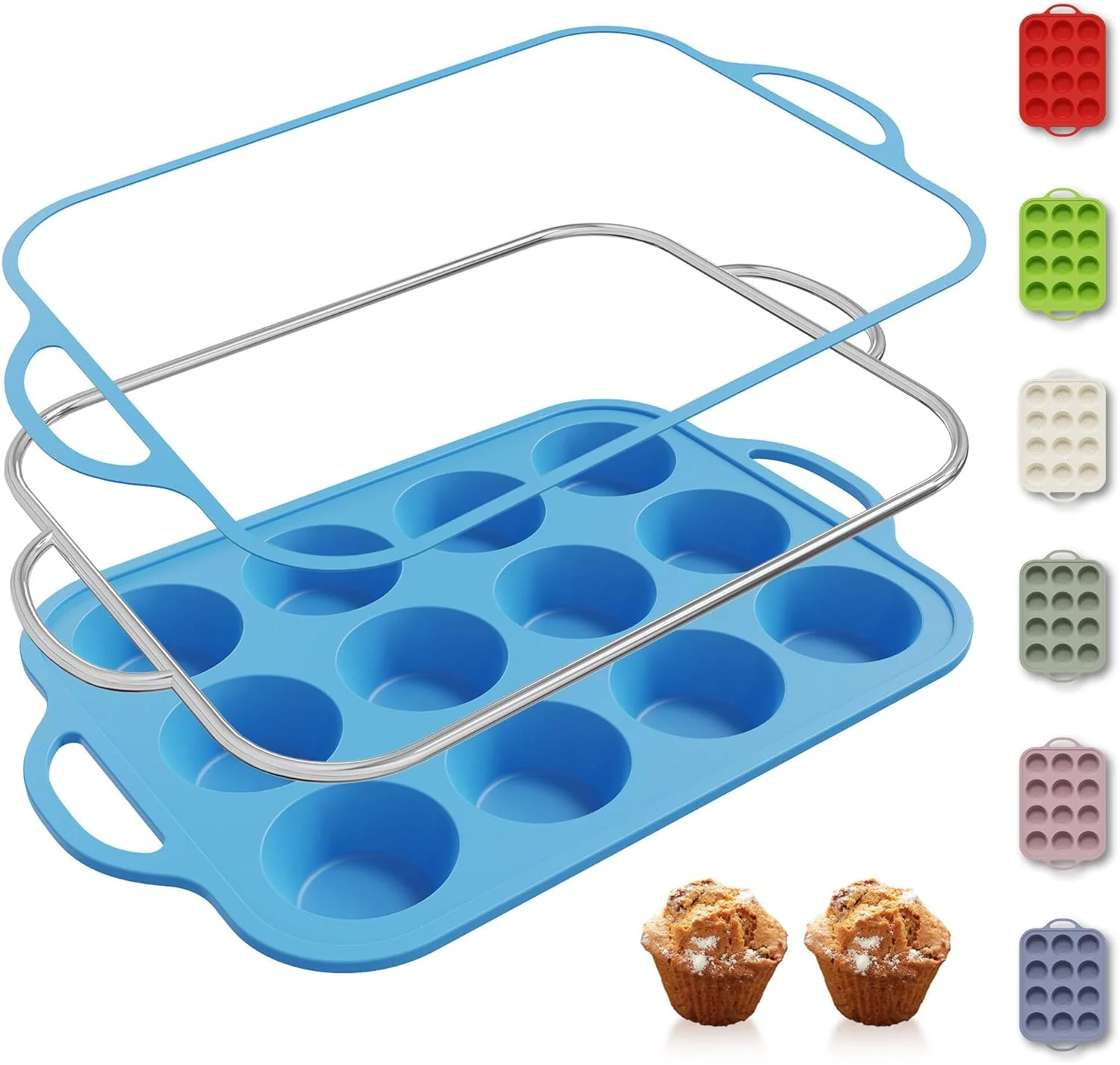 Smart 12 Cups Silicone Muffin Pan with Metal Reinforced Frame Regular Size Cupcake Pan Tray Egg Bites Silicone Circle Cookie Molds Muffin Tin Tray Tart Pans Kitchen Baking Mold Tools for Cooking Refined