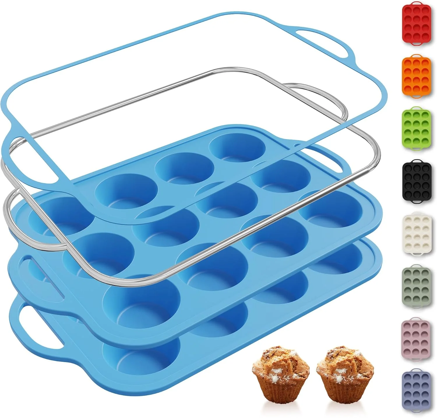 Superior 2 Packs 12 Cups Silicone Muffin Pan with Metal Reinforced Frame Regular Size Cupcake Pan Tray Egg Bites Silicone Circle Cookie Molds Muffin Tin Tart Pans Baking Sheet Set for Breakfast Sandwiches Minimalist