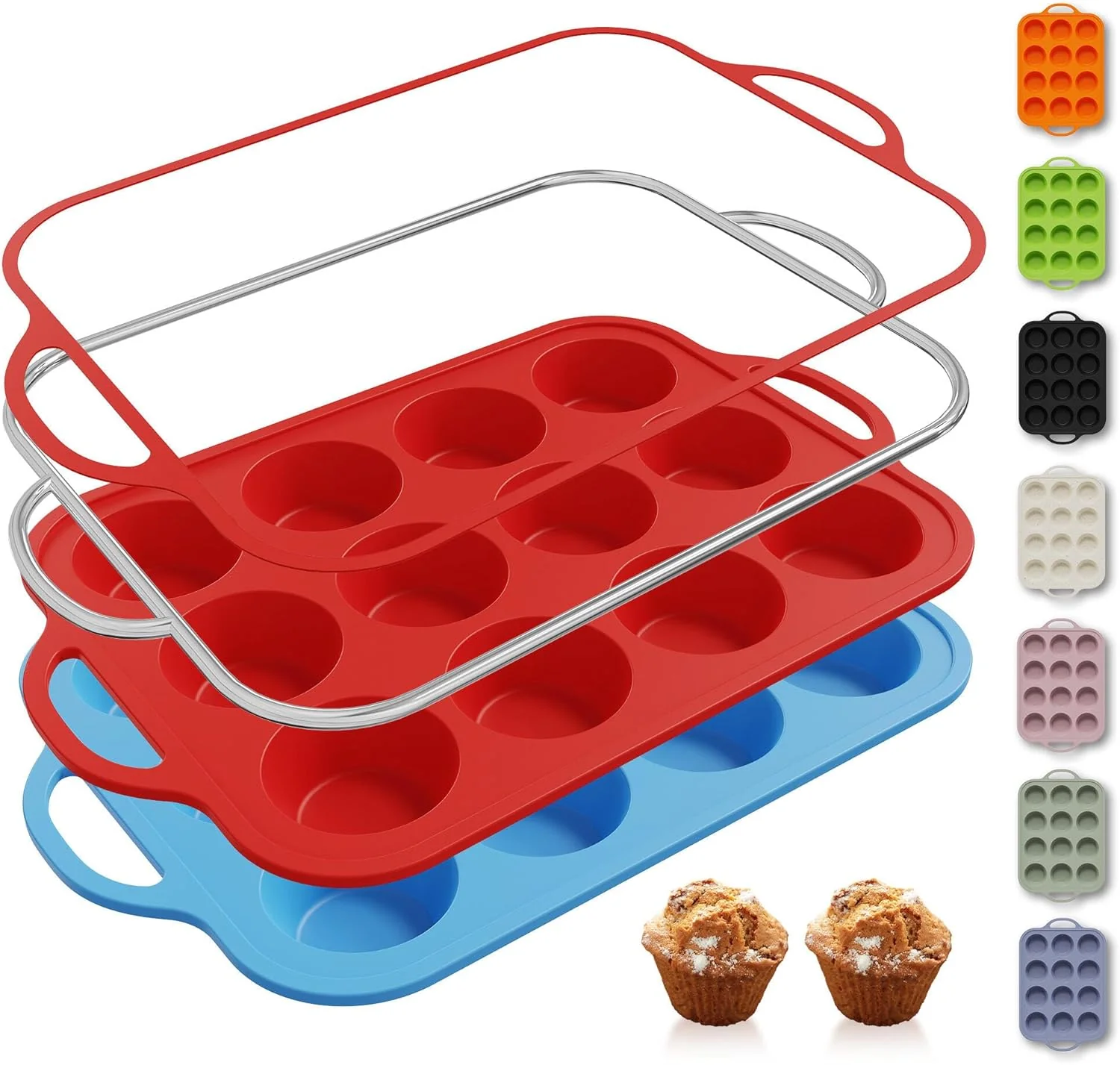 Comfortable 2 Packs 12 Cups Silicone Muffin Pan with Metal Reinforced Frame Regular Size Cupcake Pan Tray Silicone Molds Muffin Tin Tart Pans Moldes Para Gelatinas De Figuras Grandes Individuales Hornear Pasteles Sophisticated