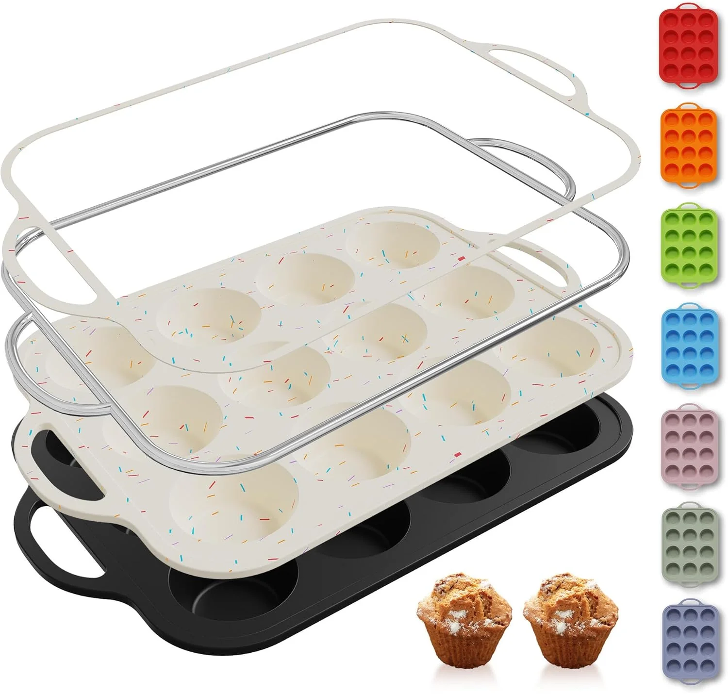 2 Packs 12 Cups Silicone Muffin Pan with Metal Reinforced Frame Regular Size Cupcake Pan Tray Egg Bites Oven Safe Silicone Molds Cookie Muffin Pan Tin Baking Sheets Non Toxic Recyclable
