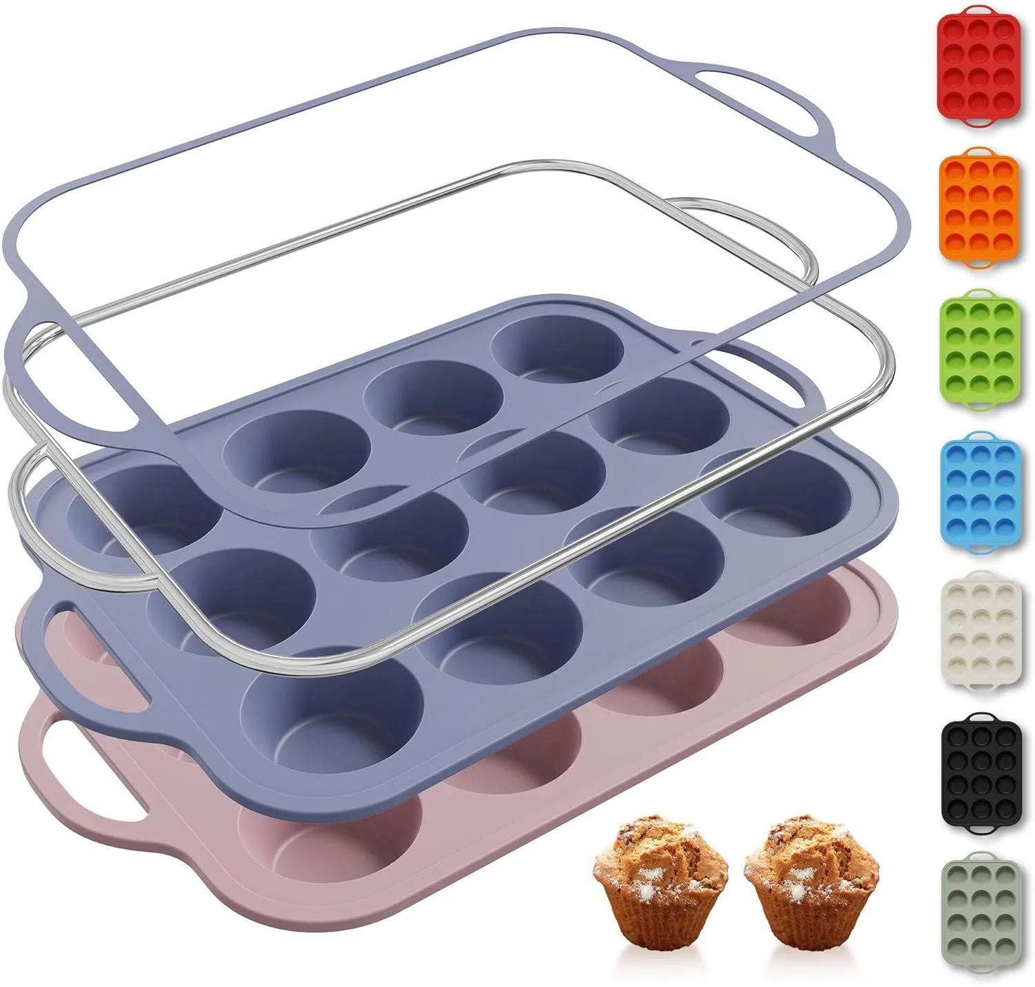 Natural 2 Packs 12 Cups Silicone Muffin Pan with Metal Reinforced Frame Regular Size Cupcake Pan Tray Egg Bites Silicone Circle Cookie Molds Muffin Tin Bread Loaf Pans for Homemade Reusable Tart Pans Artisan