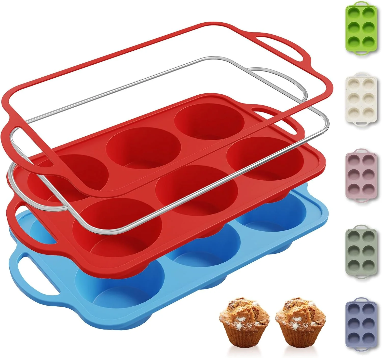 Elegant 2 Packs 6 Cups Silicone Muffin Pan with Metal Reinforced Frame Jumbo Size Cupcake Pan Tray Egg Bites Cookie Molds Muffin Tin Tart Pans Moldes De Silicona Para Gelatina Hornear Flan Chocoflan Quality