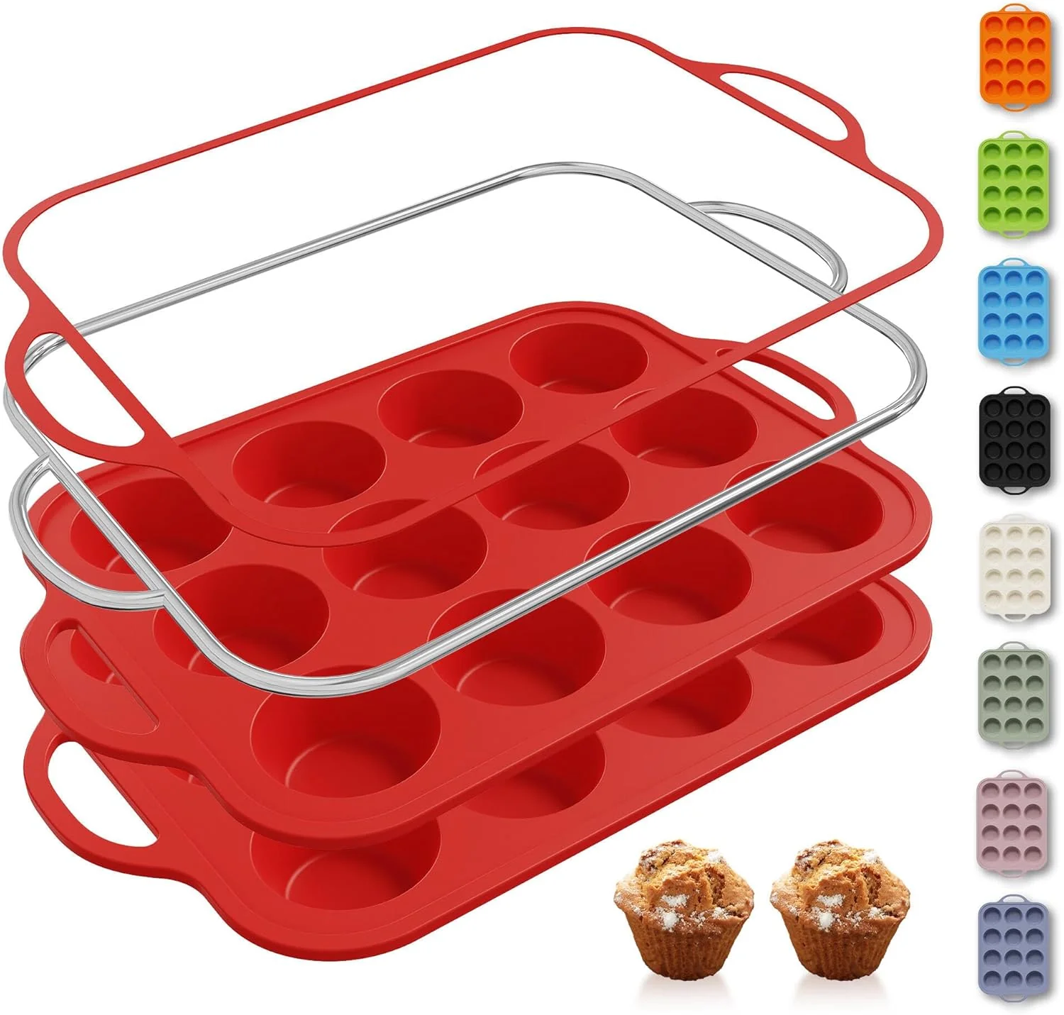 Artisan 2 Packs 12 Cups Silicone Muffin Pan for Baking with Metal Reinforced Frame Regular Size Cupcake Pan Tray Egg Bites Silicone Cookie Molds Muffin Tin Tart Pans Sheet Set for Oven Dishwasher Safe Efficient