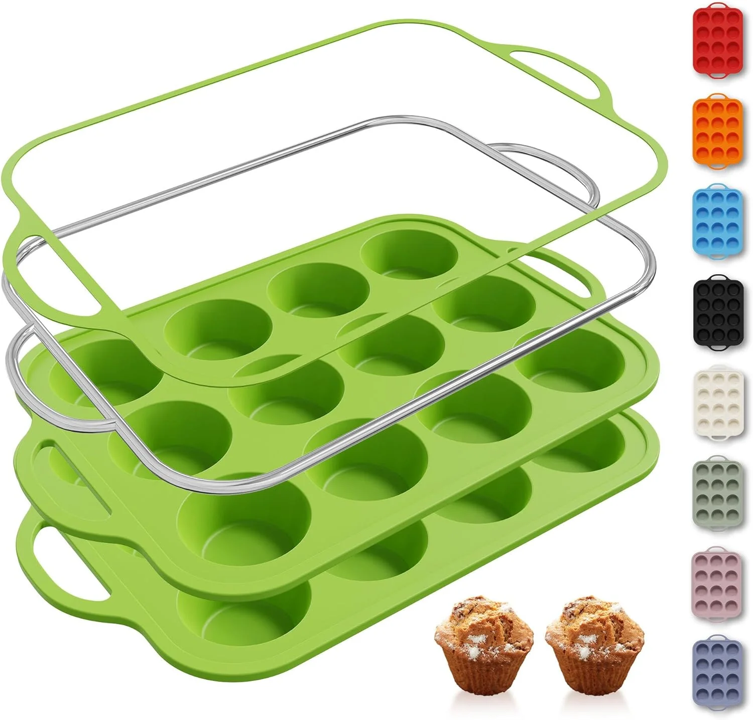 Powerful 2 Packs 12 Cups Silicone Muffin Pan with Metal Reinforced Frame Regular Size Cupcake Pan Tray Egg Bites Silicone Circle Cookie Molds Muffin Tin Tart Pans Baking Sheet Set for Breakfast Sandwiches Elite