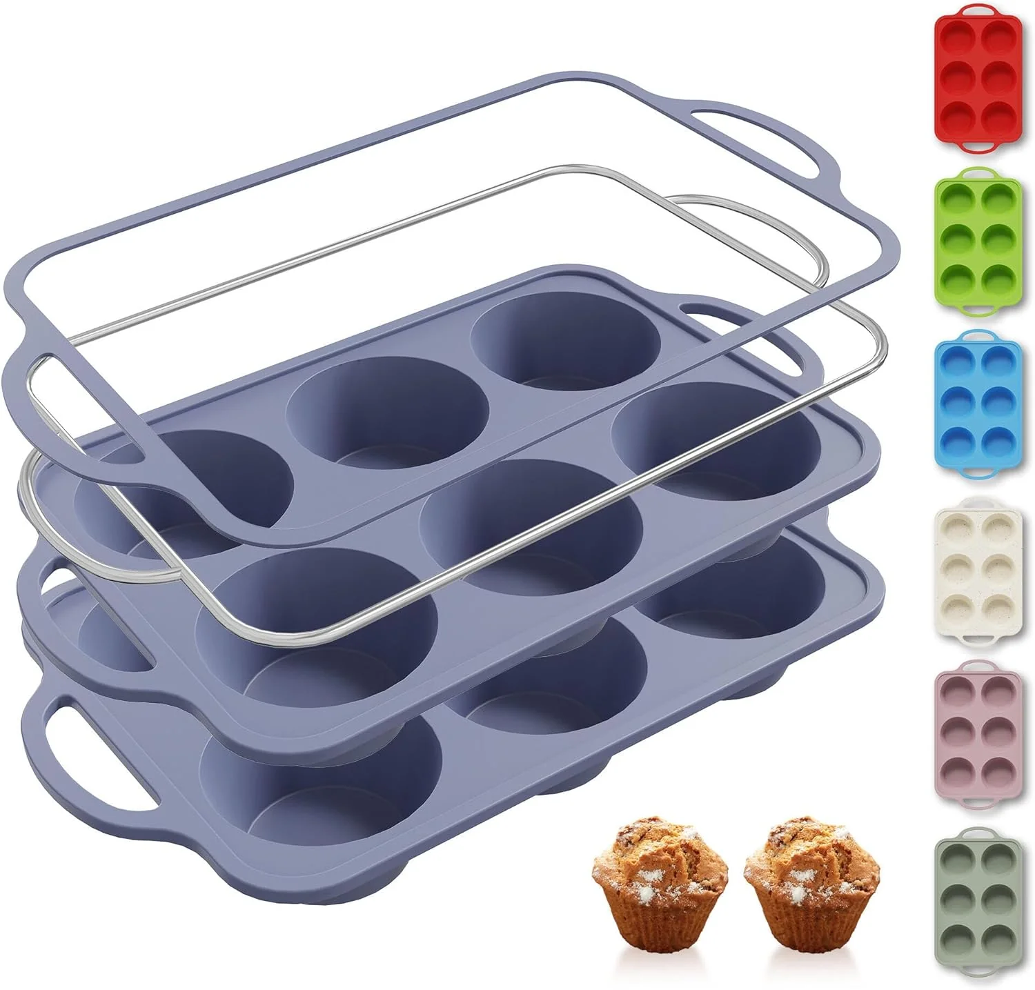 Reliable 2 Packs 6 Cups Silicone Muffin Pan with Metal Reinforced Frame Jumbo Size Cupcake Pan Tray Egg Bites Silicone Circle Round Cookie Molds Muffin Tin Tall Tart Pans Baking Sheet Breakfast Sandwiches Unique