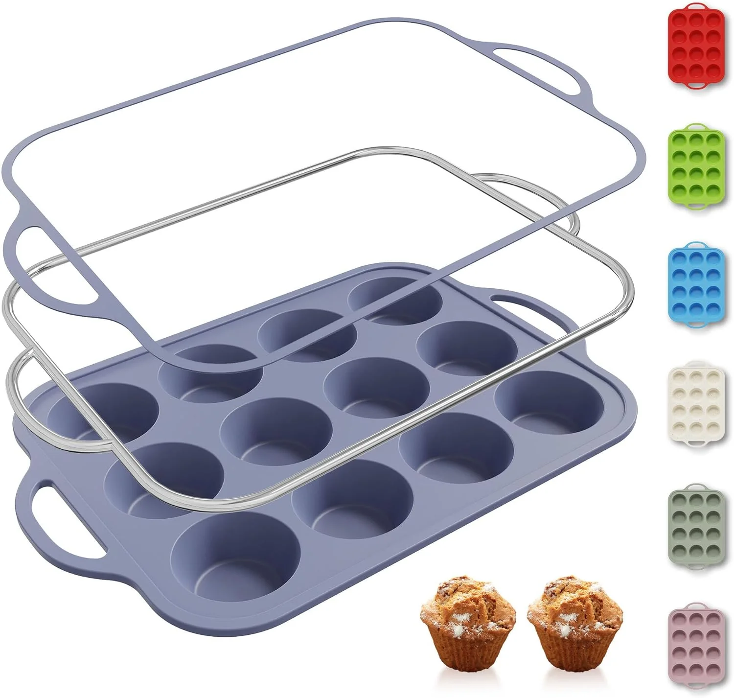 Flexible 12 Cups Silicone Muffin Pan with Metal Reinforced Frame Regular Size Cupcake Pan Tray Egg Bites Silicone Rubber Cookie Molds Muffin Tin Baking Pans Tart Pan Not Stainless Steel Ceramic Aluminum Official