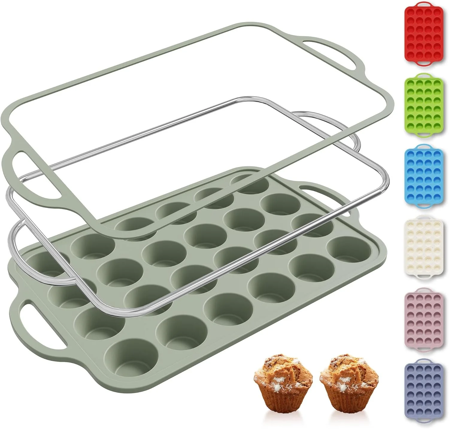 Traditional 24 Cups Silicone Muffin Pan with Metal Reinforced Frame Mini Size Cupcake Pan Tray Egg Bites Silicone Circle Cookie Molds Little Small Muffin Tin Tart Pans Baking Sheet Set for Sandwiches Advanced