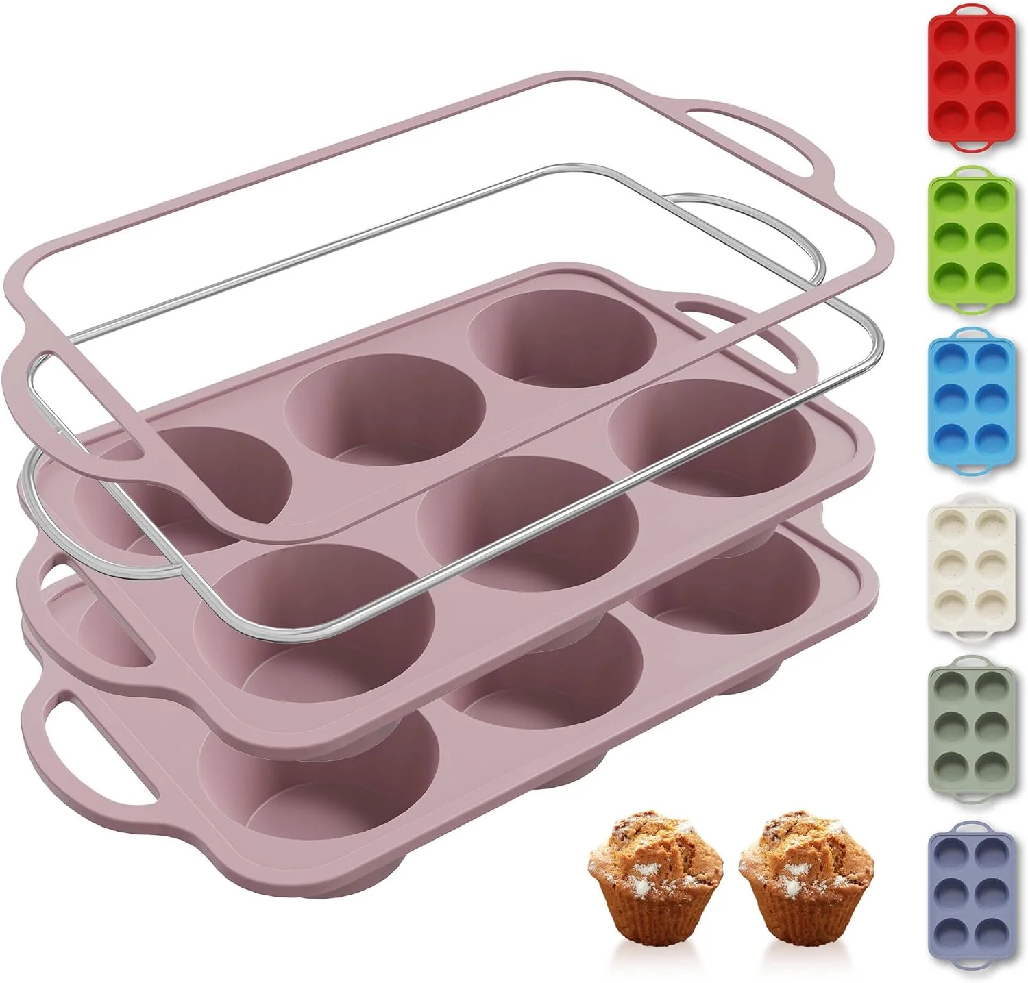 Crafted 2 Packs 6 Cups Silicone Muffin Pan with Metal Reinforced Frame Jumbo Size Cupcake Pan Tray Egg Bites Silicone Circle Cookie Molds Muffin Tin Tart Pans Baking Sheet Set for Breakfast Sandwiches Elegant