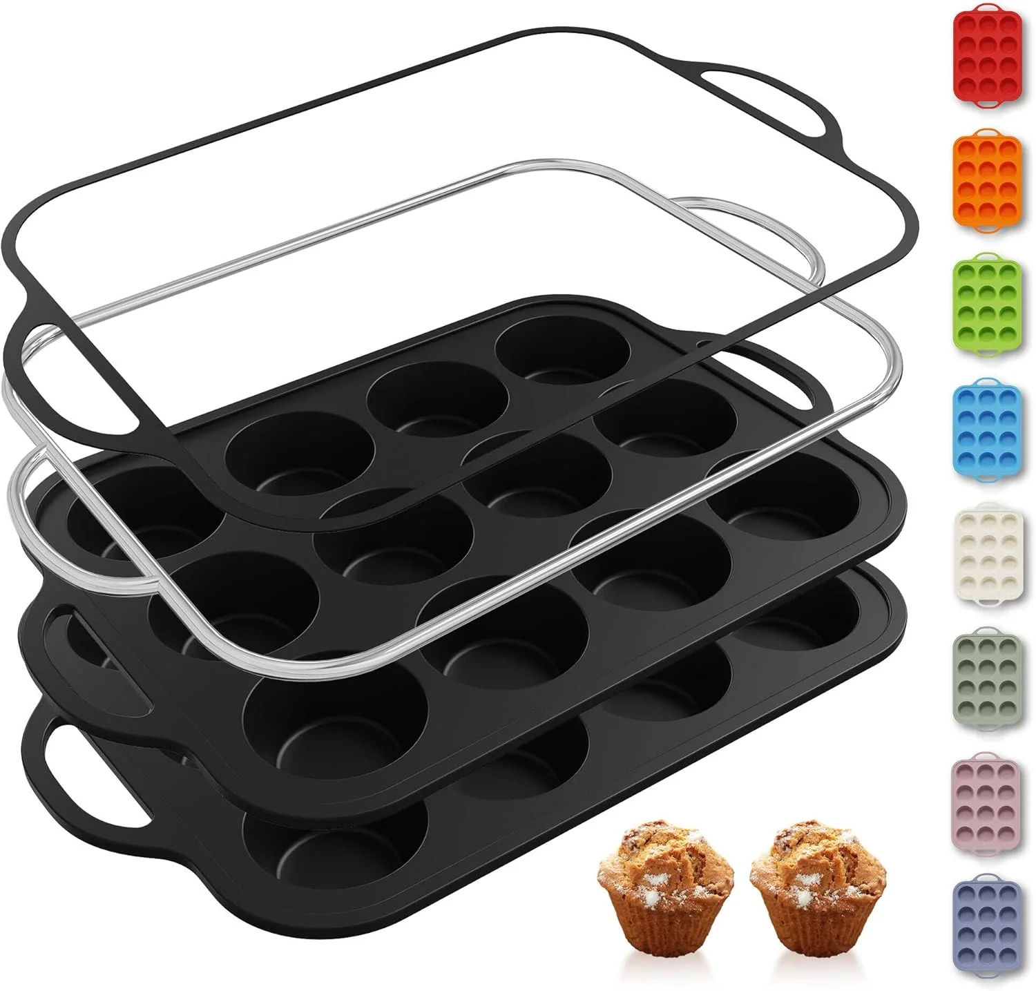 Classic 2 Packs 12 Cups Silicone Muffin Pan with Metal Reinforced Frame Regular Size Cupcake Tray Egg Mold Wedding Day Engaged Engagement Hostess Couple Newly Wed House Christmas Married Unique Gift Long-Lasting