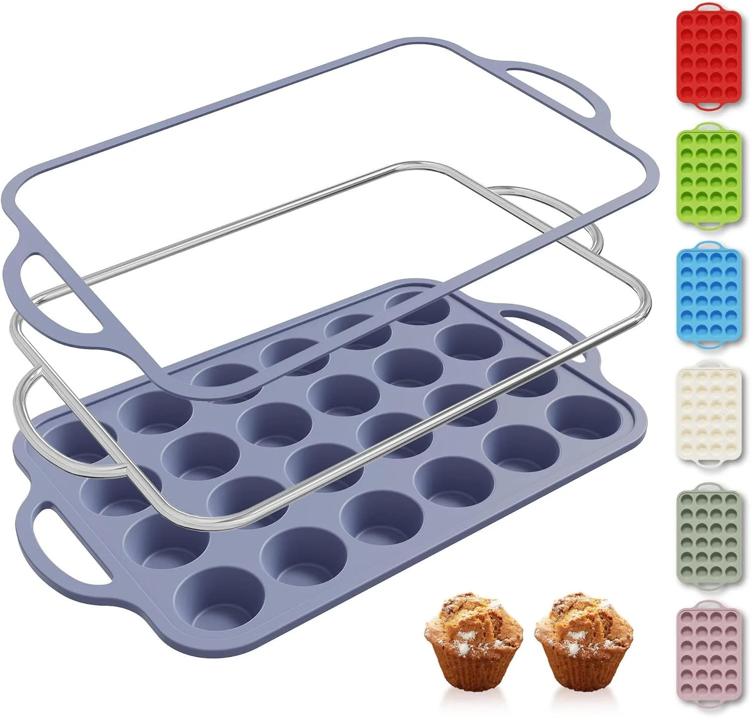 Professional 24 Cups Silicone Muffin Pan with Metal Reinforced Frame Mini Size Cupcake Tray Egg Mold Kitchen Stuff Accessories New Home Essential First Department Must Haves Gadget Thing Housewarming Hostess Gift Safe