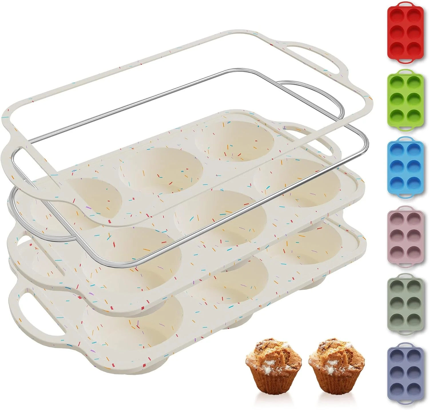 Professional 2 Packs 6 Cups Silicone Muffin Pan with Metal Reinforced Frame Jumbo Size Cupcake Pan Tray Egg Bites Silicone Circle Cookie Molds Muffin Tin Tart Pans Large Big Baking Sheet Set for Breakfast Authentic