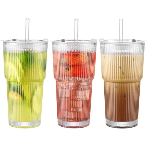Easy-to-Use 20 oz Glass Cup with Lid and Straw 3 Count Authentic