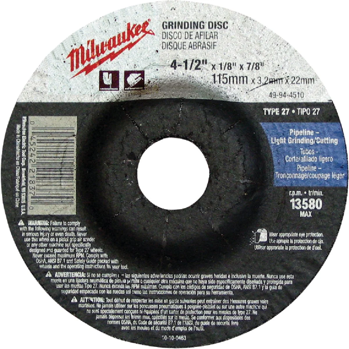 Official Milwaukee Type 27 4-1 2 In. x 1 8 In. x 7 8 In. Pipeline-Cutting Grinding Cut-Off Wheel Authentic