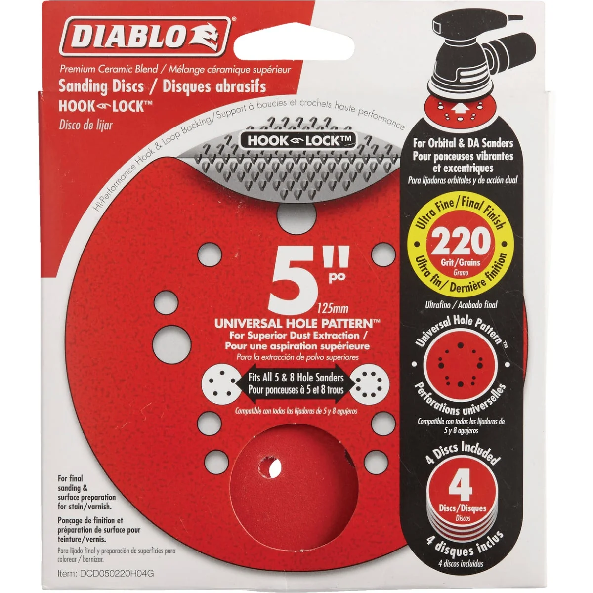 Smooth Diablo 5 In. 220-Grit Universal Hole Pattern Vented Sanding Disc with Hook and Lock Backing 4-Pack Pure