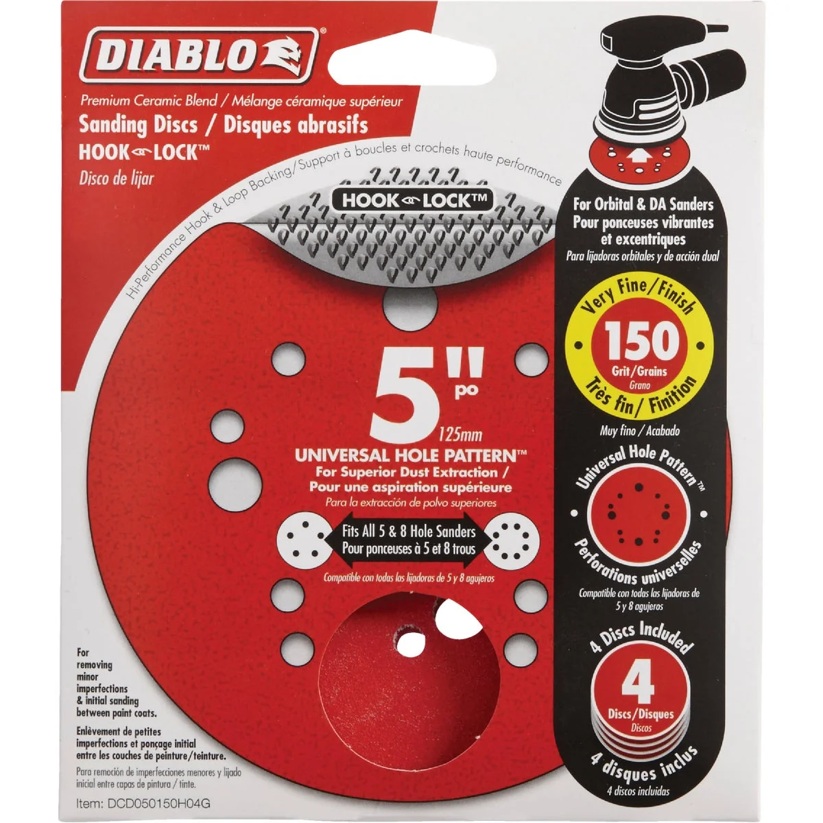 Versatile Diablo 5 In. 150-Grit Universal Hole Pattern Vented Sanding Disc with Hook and Lock Backing 4-Pack World-Class